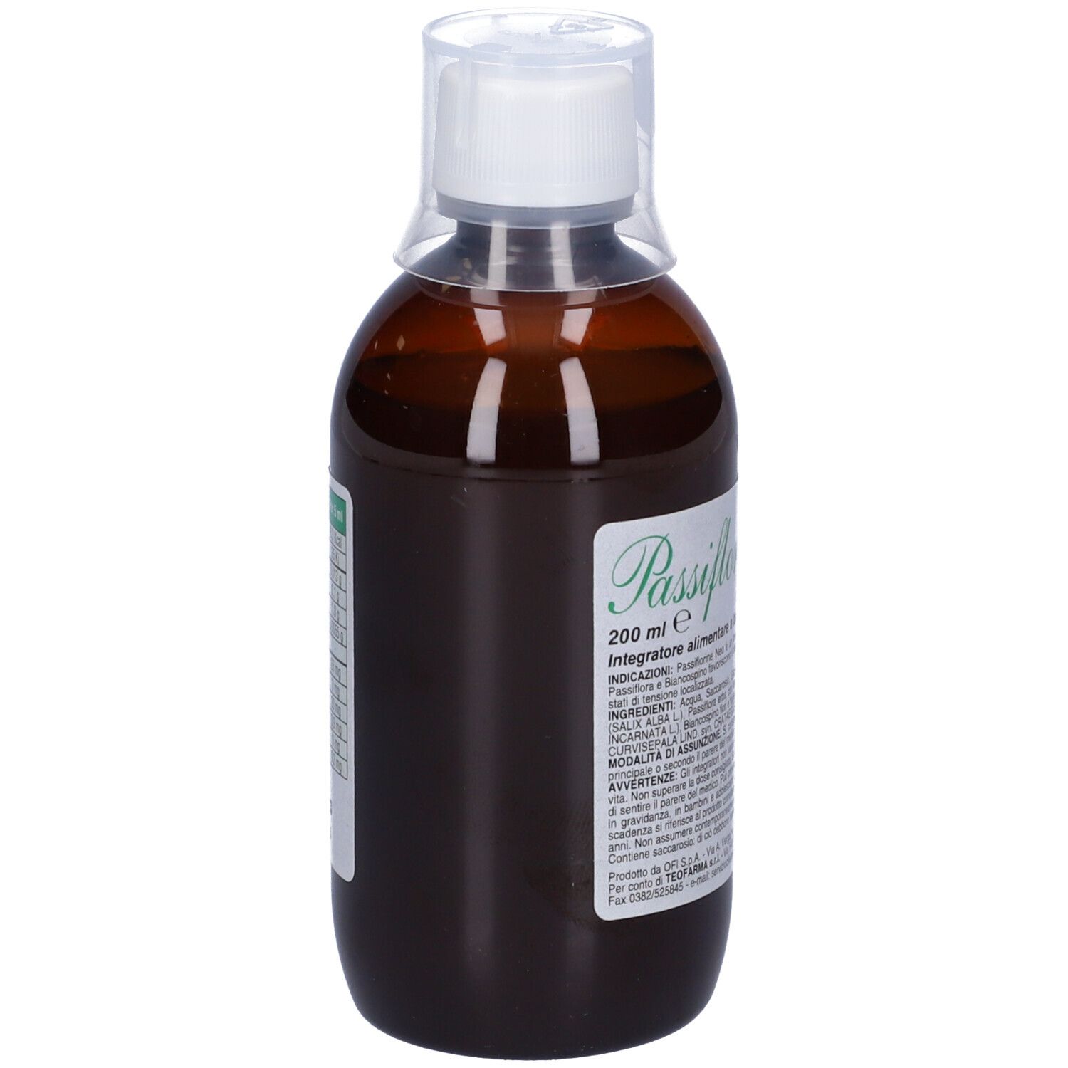 Flacone marrone con tappo bianco. Etichetta con testo.