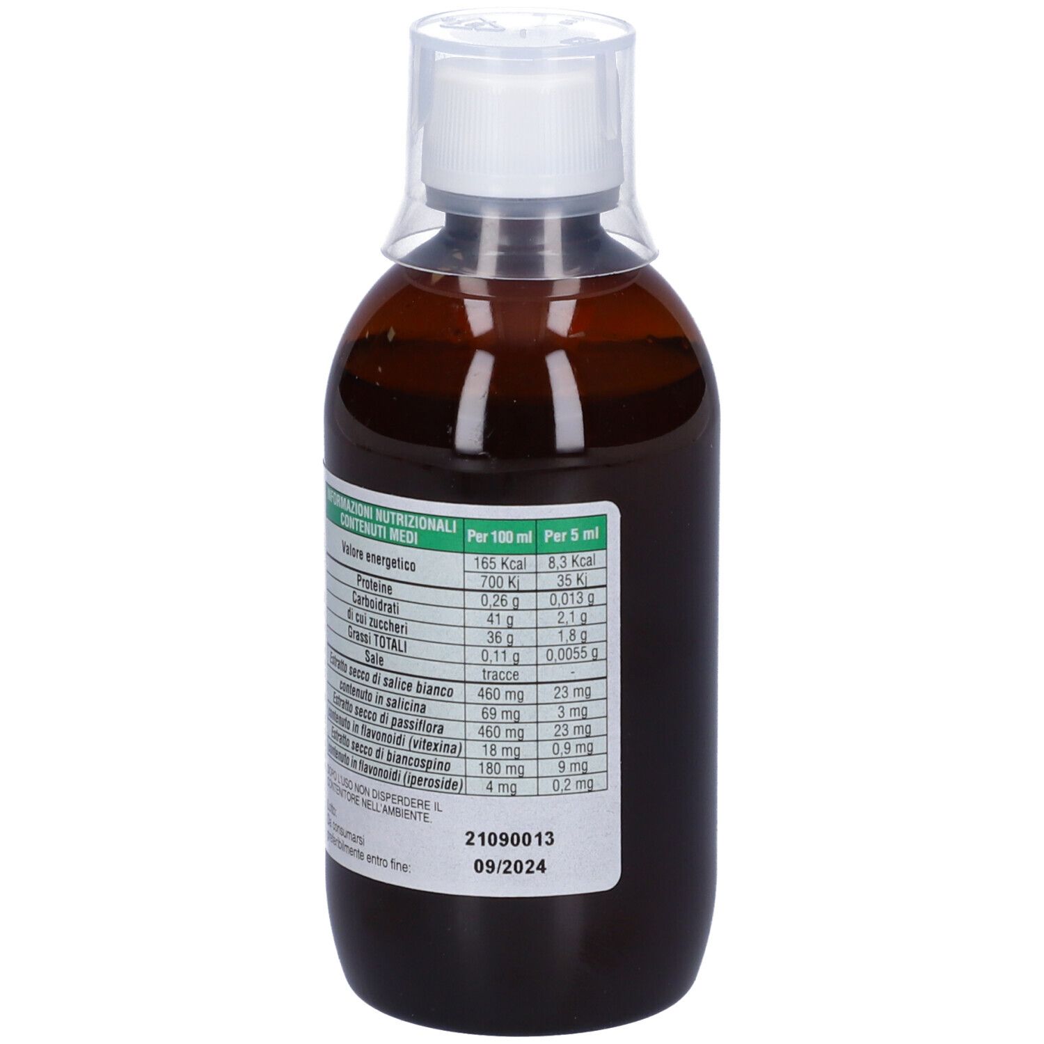 Flacone marrone con tappo bianco. Etichetta con informazioni nutrizionali.