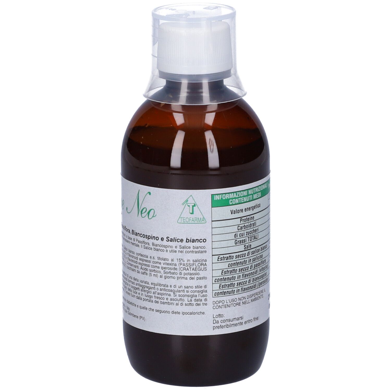 Flacone marrone con tappo bianco. Etichetta con testo e logo.