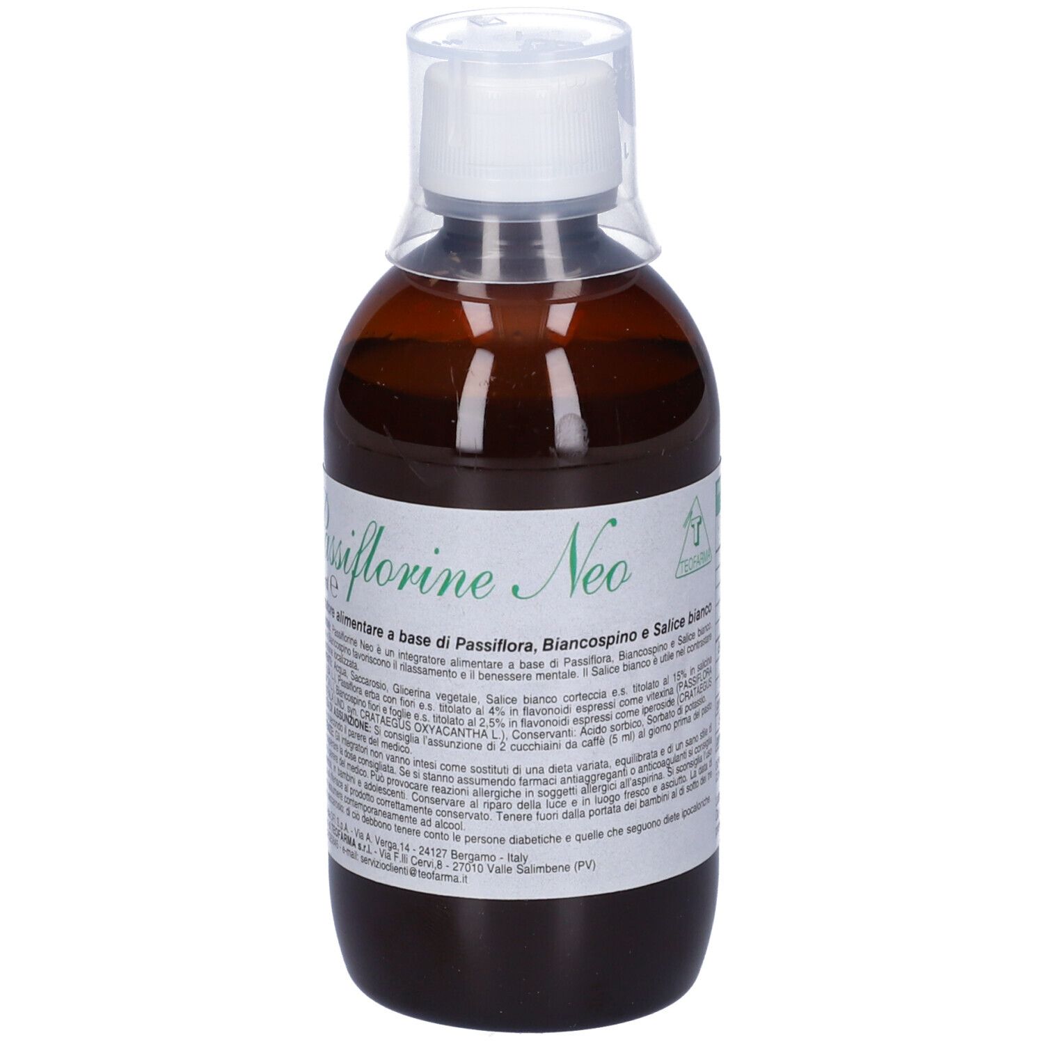 Flacone marrone con tappo bianco. Scritta: Passiflorine Neo. Etichetta con testo.