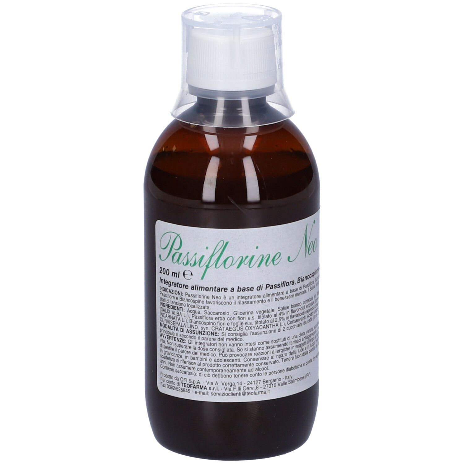 Flacone marrone con tappo bianco. Scritta: Passiflorine Neo. Etichetta con testo.