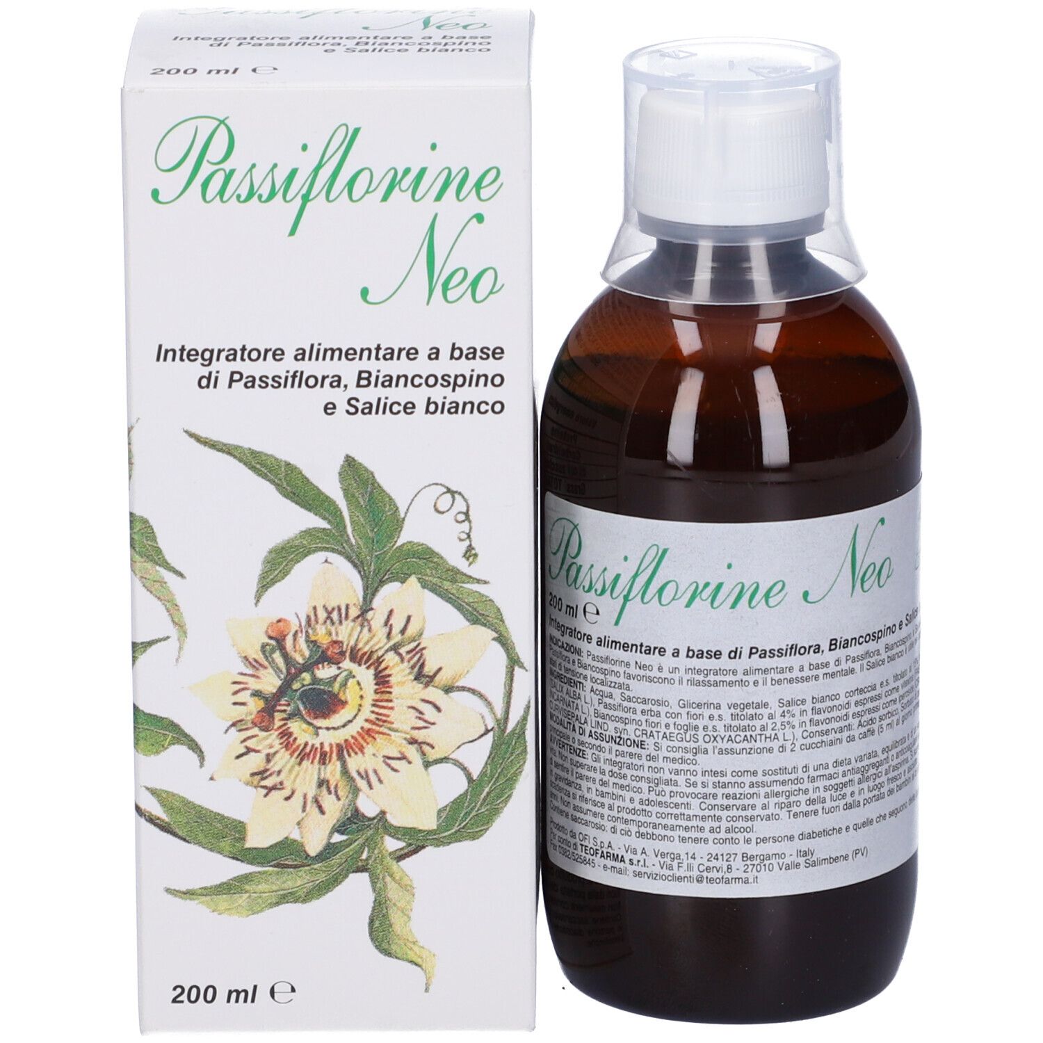 Flacone marrone e scatola. Scritta: Passiflorine Neo. Scatola con immagine di un fiore.