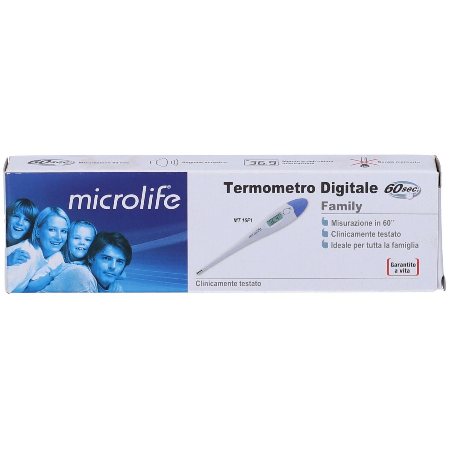 Confezione termometro digitale. Scritte: Termometro Digitale Family, Microlife, 60sec.