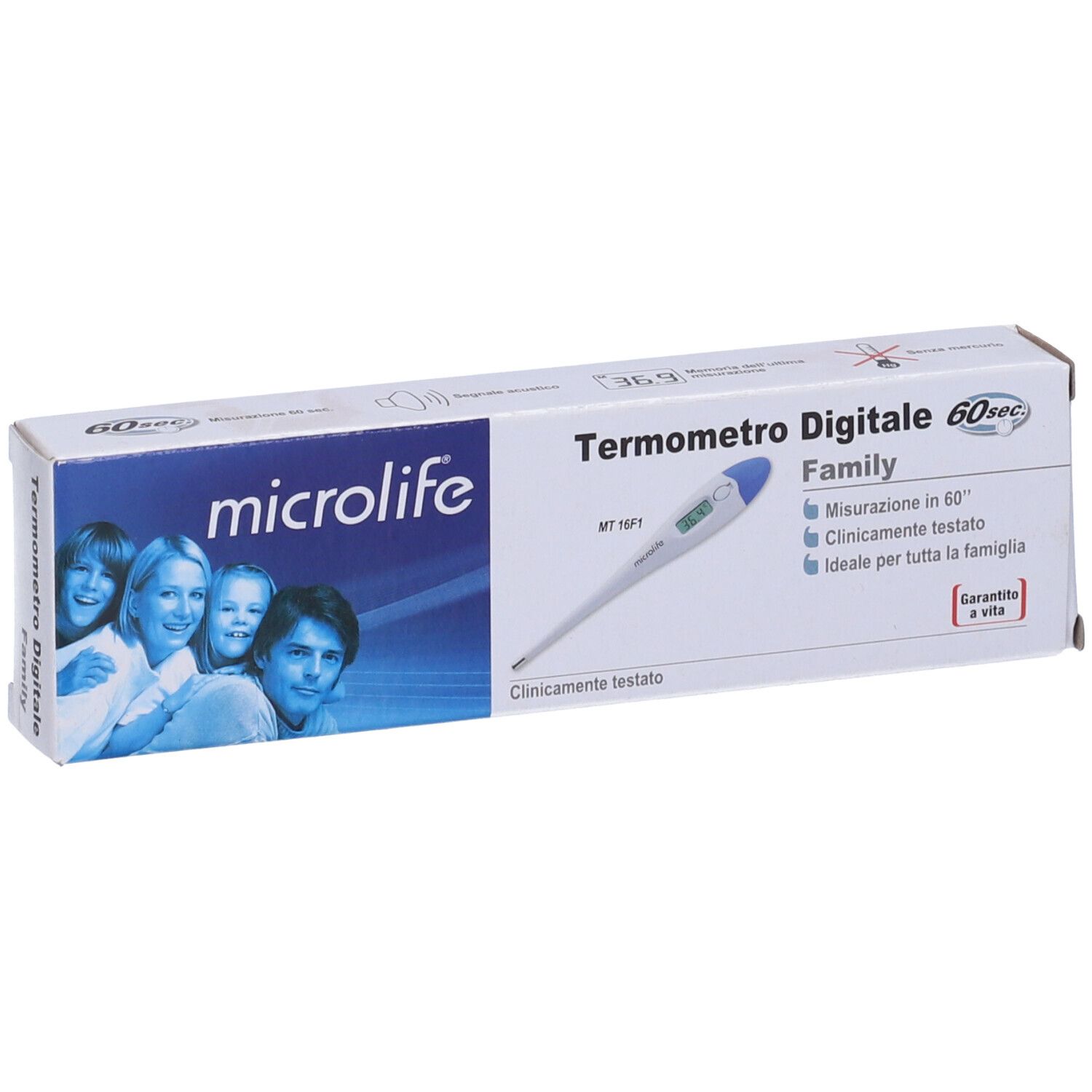 Confezione termometro digitale. Scritte: Termometro Digitale Family, Microlife, 60sec.