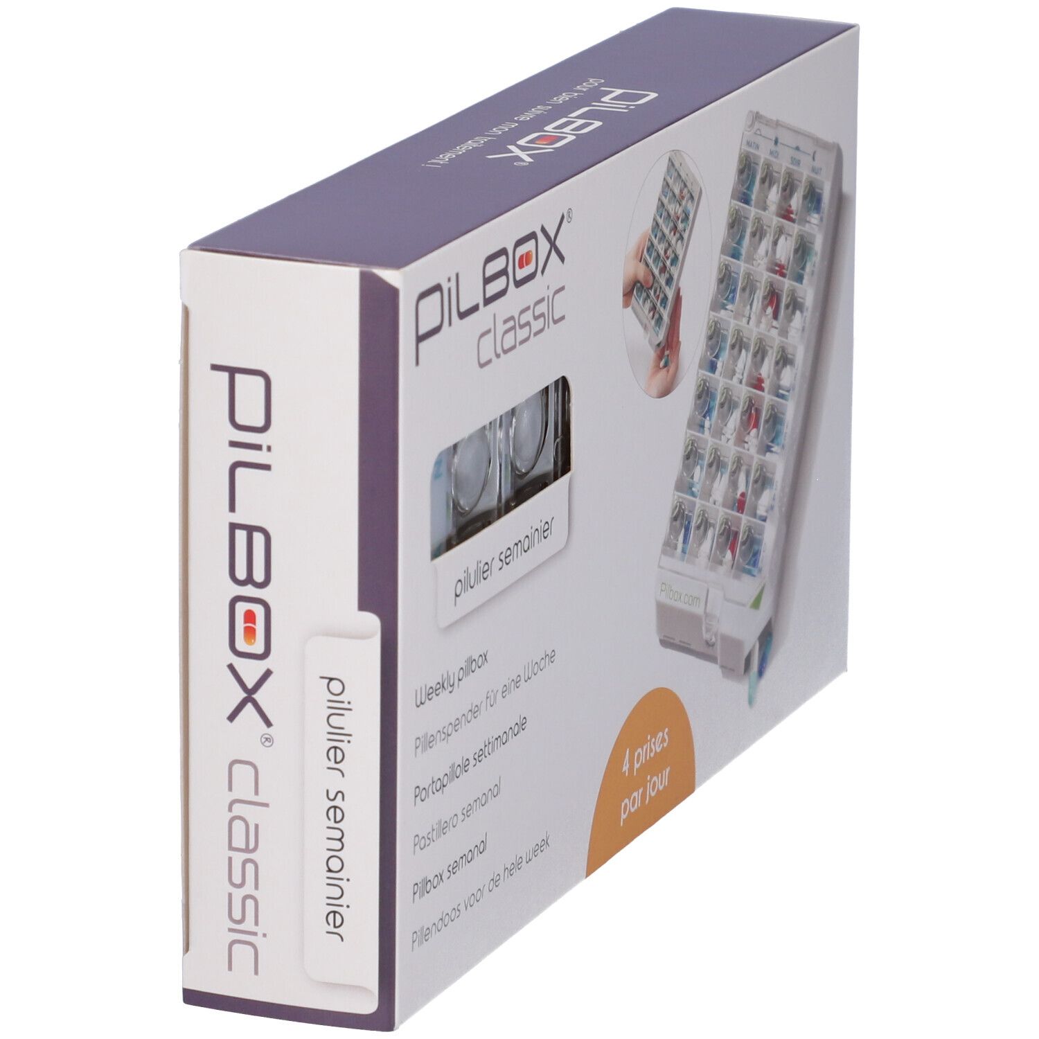 Scatola di Pilbox Classic. Scritto: pilulier semainier. Immagine di un portapillole. Confezione angolare.