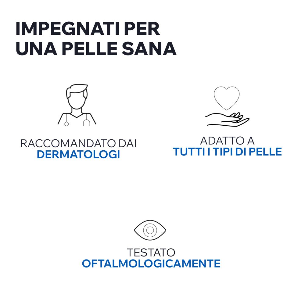 Illustrazioni: Dermatologi, mani con cuore, occhio. Testo: Raccomandato dai dermatologi, tutti i tipi di pelle, testato oftalmologicamente.