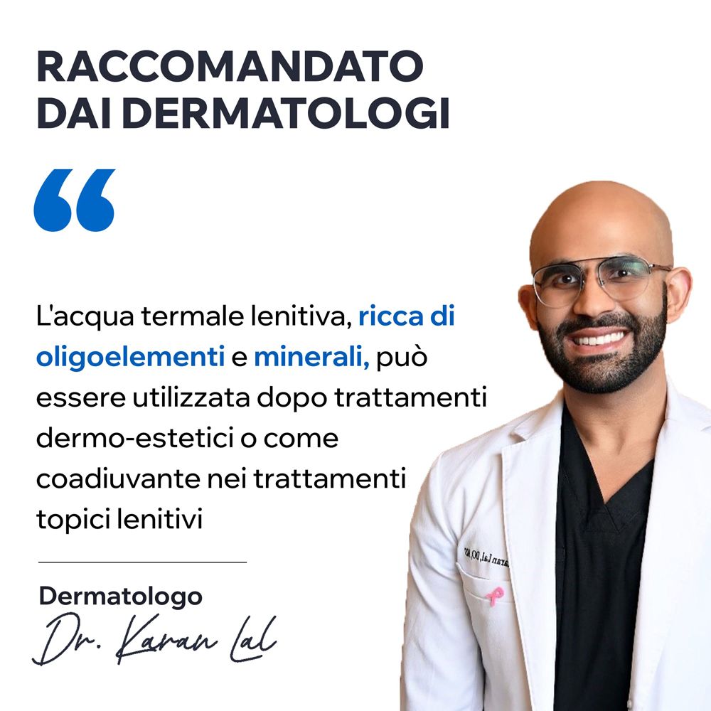 Medico con occhiali. Testo: Raccomandato dai dermatologi. Citazione sull'acqua termale. Dr. Karan Lal, dermatologo.