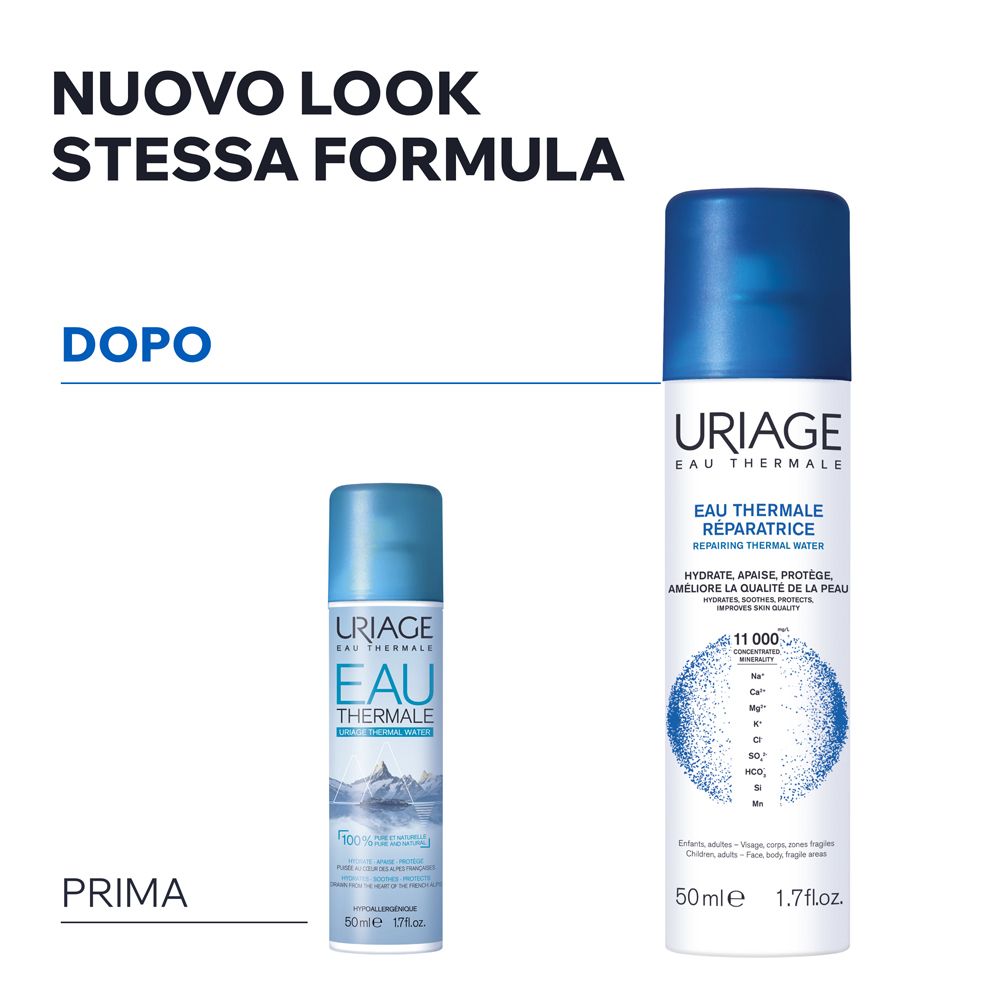 Spray Uriage Eau Thermale. Tappo blu, flacone bianco. Testo: Eau Thermale, 11.000 minerali. 50ml, 1.7 fl.oz.