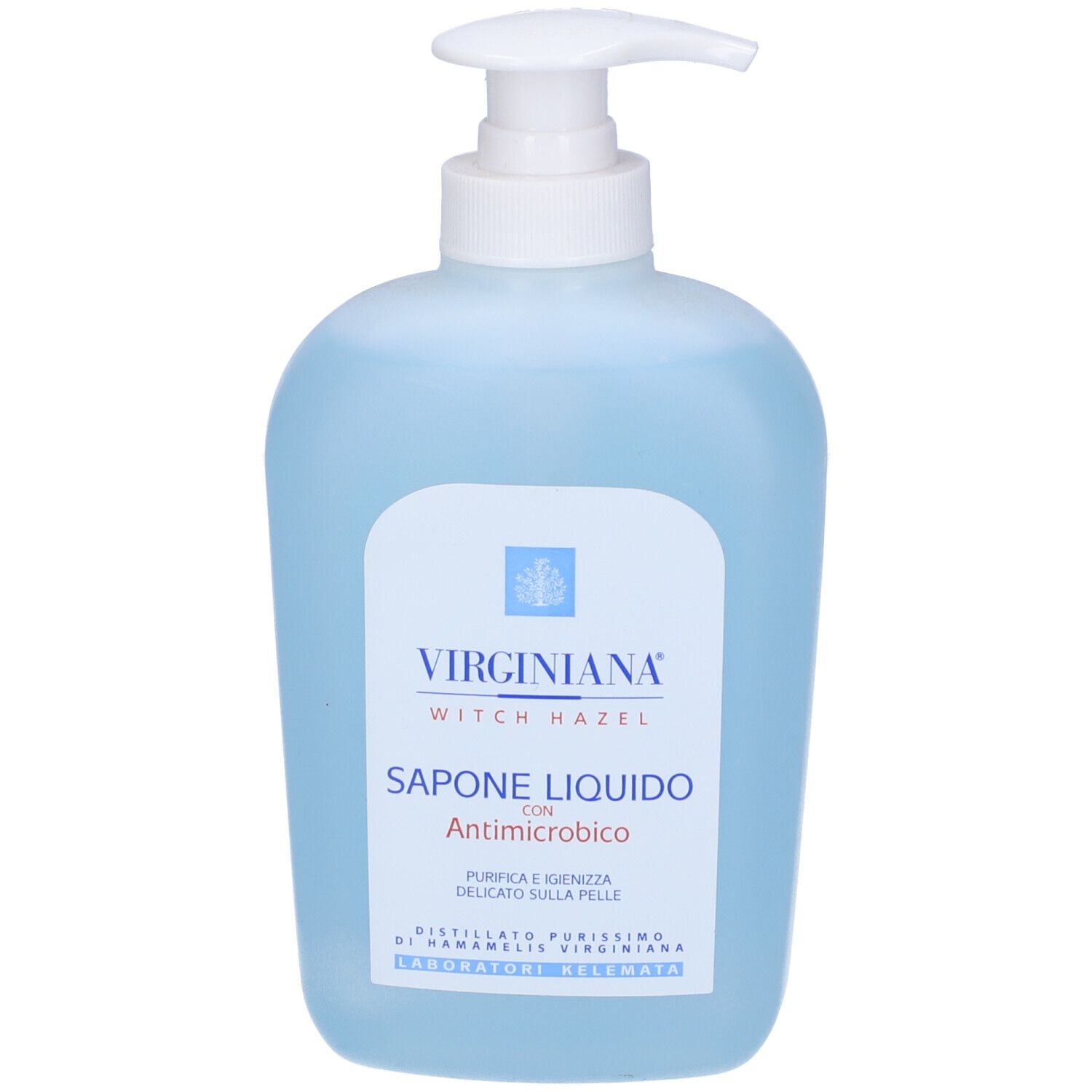 Flacone azzurro con dosatore bianco. Scritta: Virginiana, Sapone Liquido Antimicrobico.