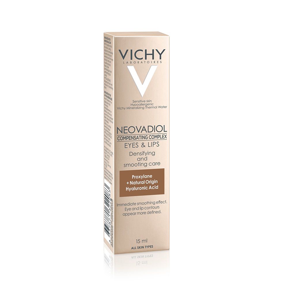 Scatola con logo Vichy e nome prodotto Neovadiol Eyes & Lips. Contiene 15 ml. Per tutti i tipi di pelle.