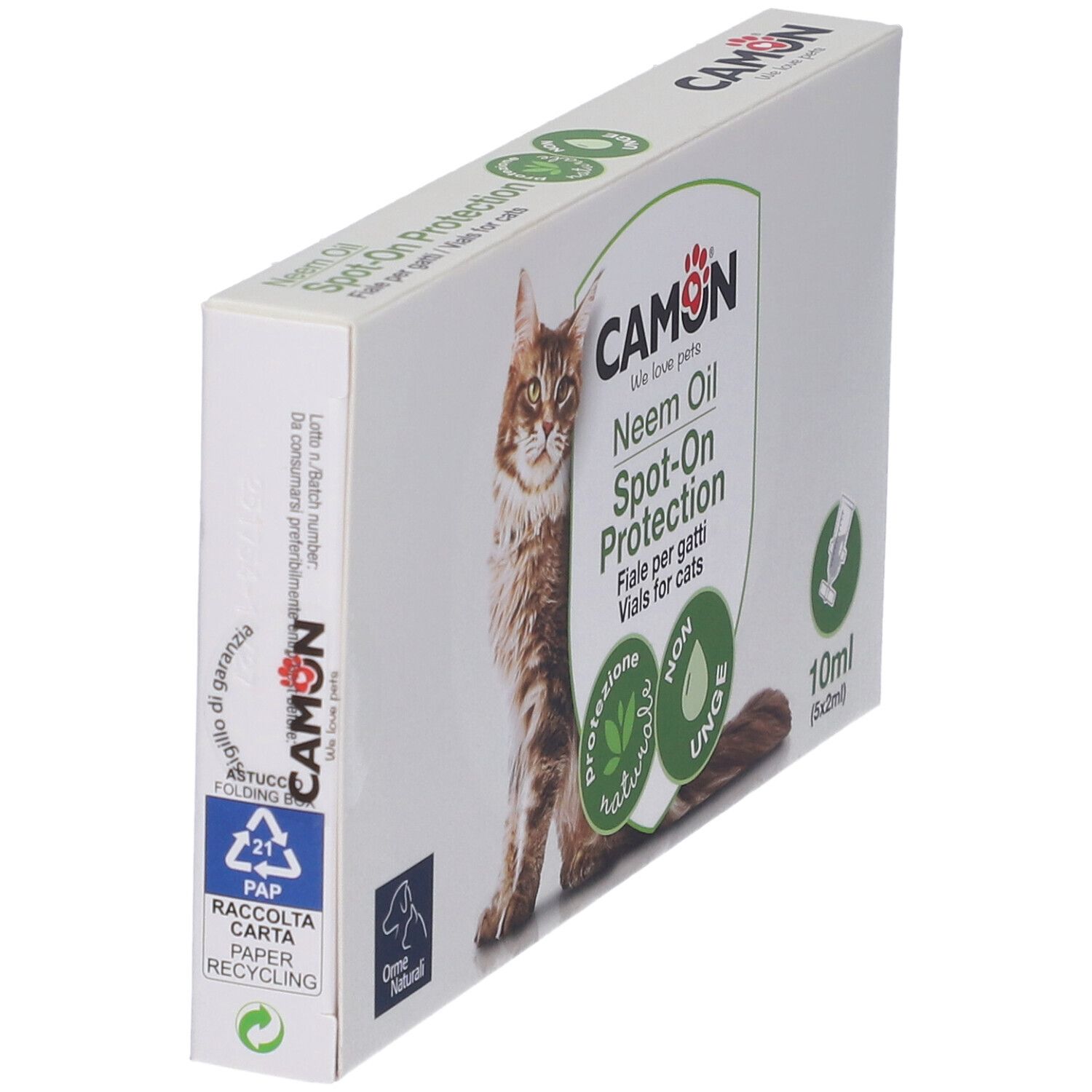 Confezione del prodotto inclinata. Contiene Neem Oil Spot-On Protection per gatti. Marchio CAMON.