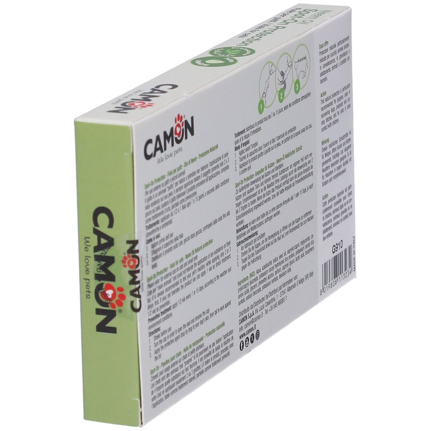 Confezione del prodotto inclinata. Contiene Neem Oil Spot-On Protection per gatti. Marchio CAMON.
