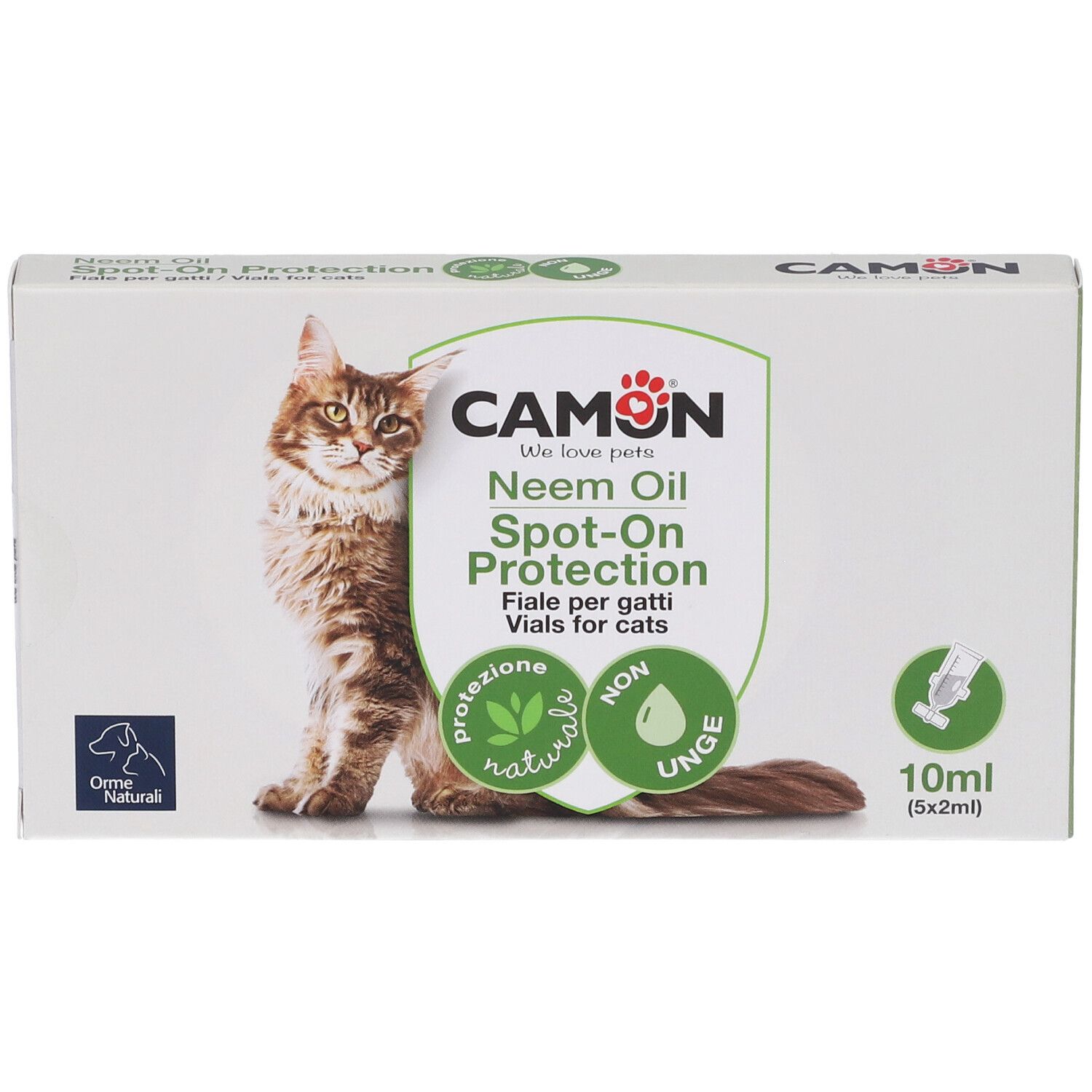 Scatola con stampa del prodotto. Contiene Neem Oil Spot-On Protection per gatti. 10ml (5x2ml). Marchio CAMON.