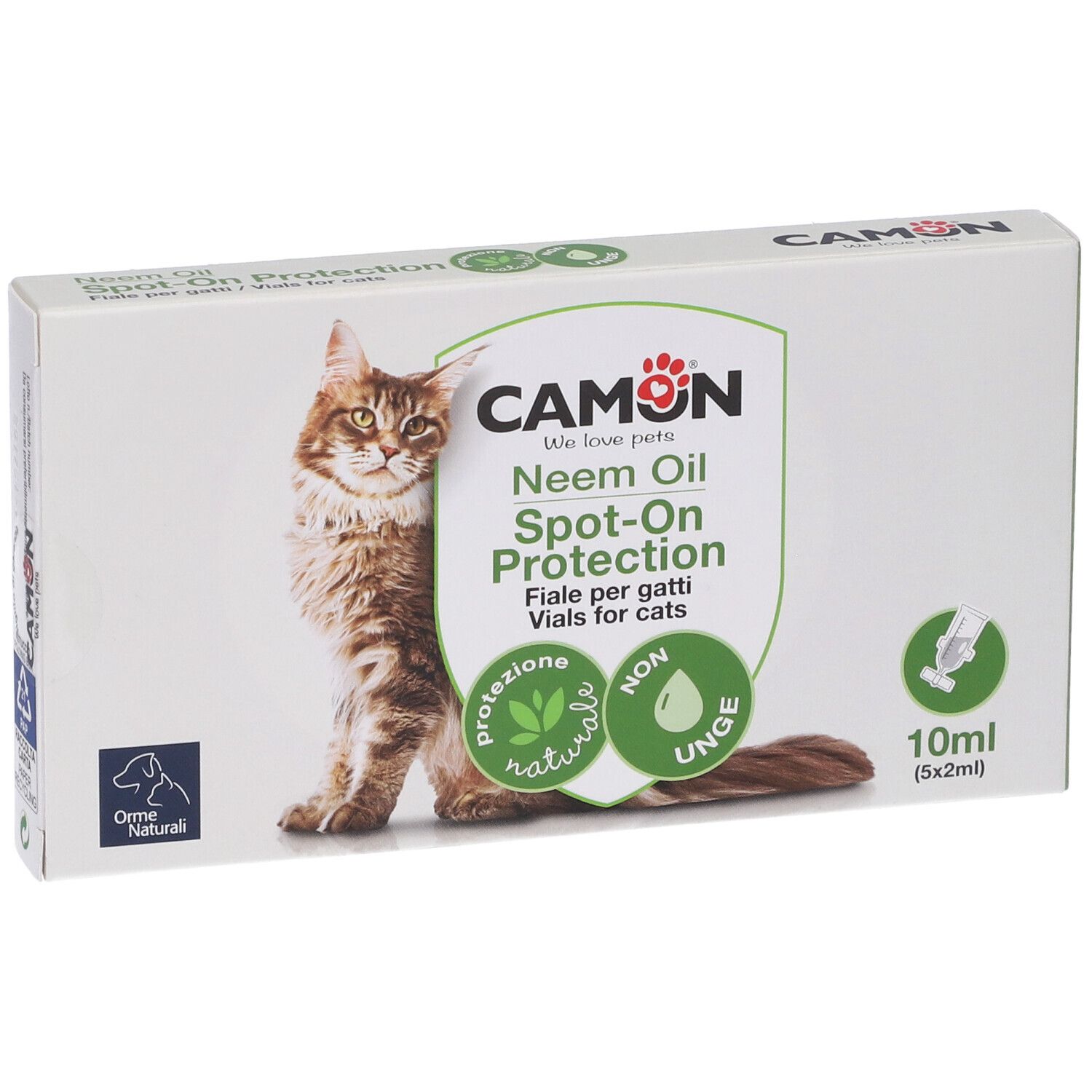 Scatola con stampa del prodotto. Contiene Neem Oil Spot-On Protection per gatti. 10ml (5x2ml). Marchio CAMON.