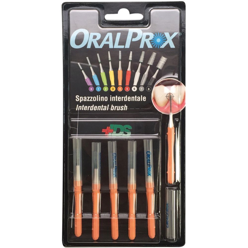 Confezione blister con sei scovolini interdentali arancioni. Scritta OralProx. Illustrazioni di spazzolini e denti.
