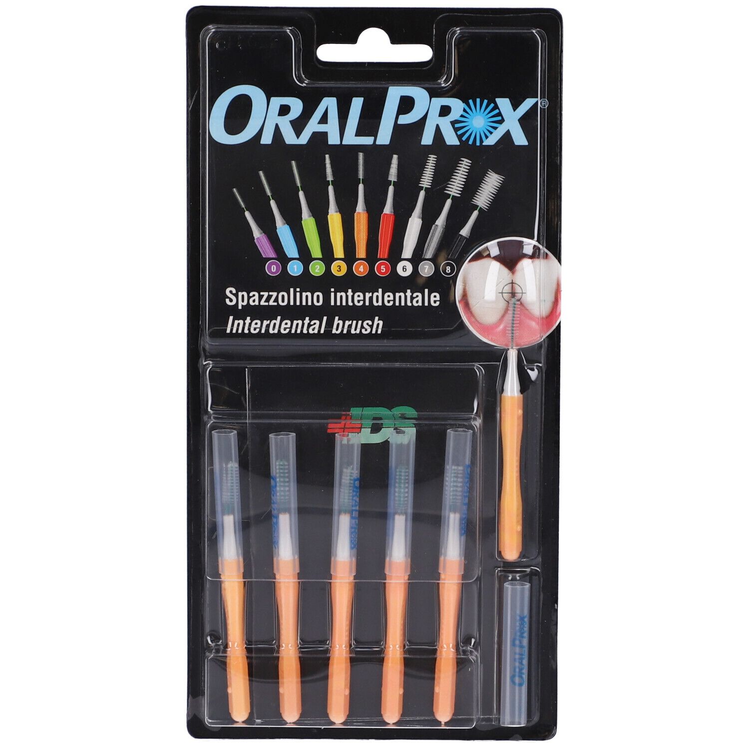 Confezione blister con sei scovolini interdentali arancioni. Scritta OralProx. Illustrazioni di spazzolini e denti.