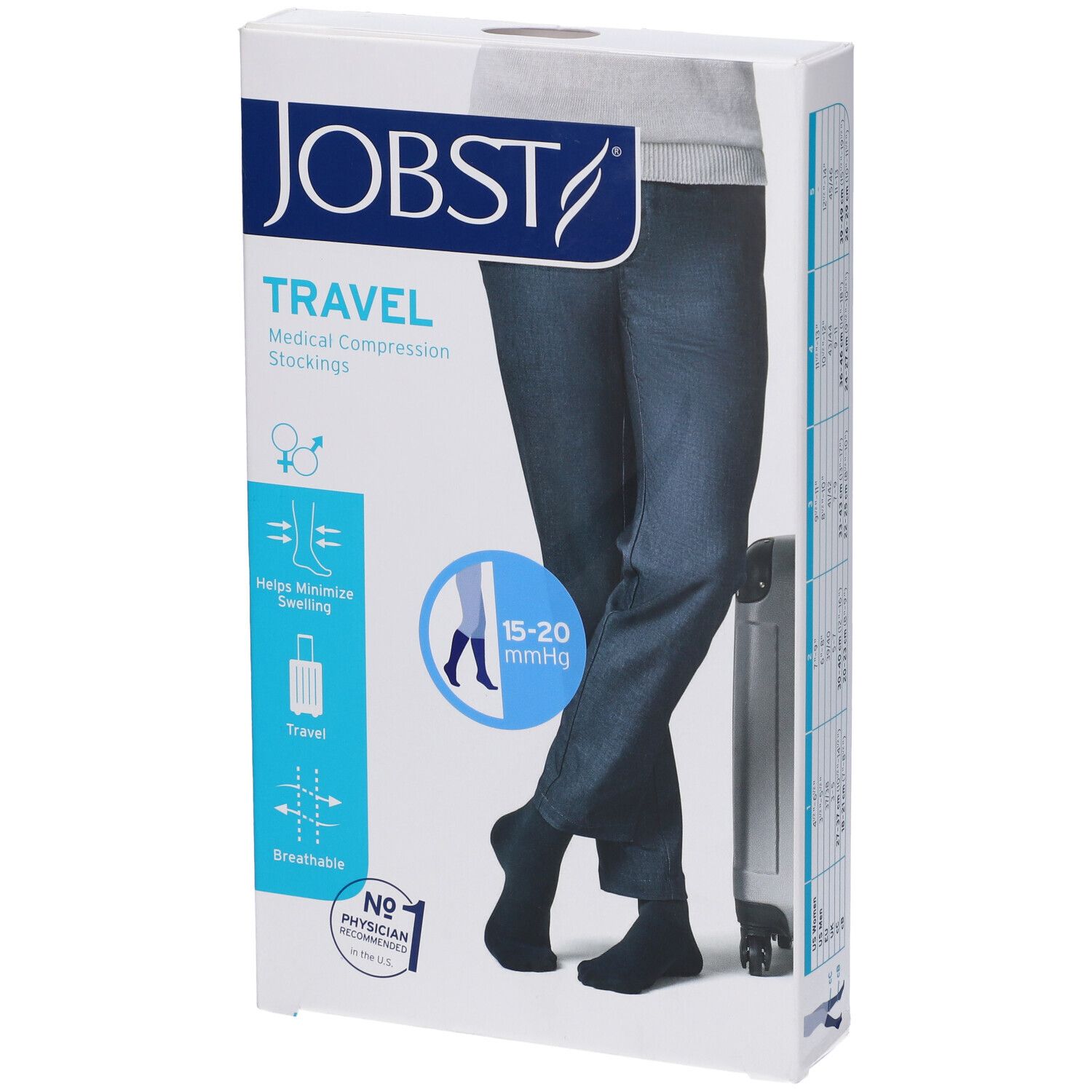 Confezione di calze a compressione JOBST TRAVEL. Scritto: calze a compressione medicali, 15-20 mmHg, aiuta a ridurre il gonfiore.