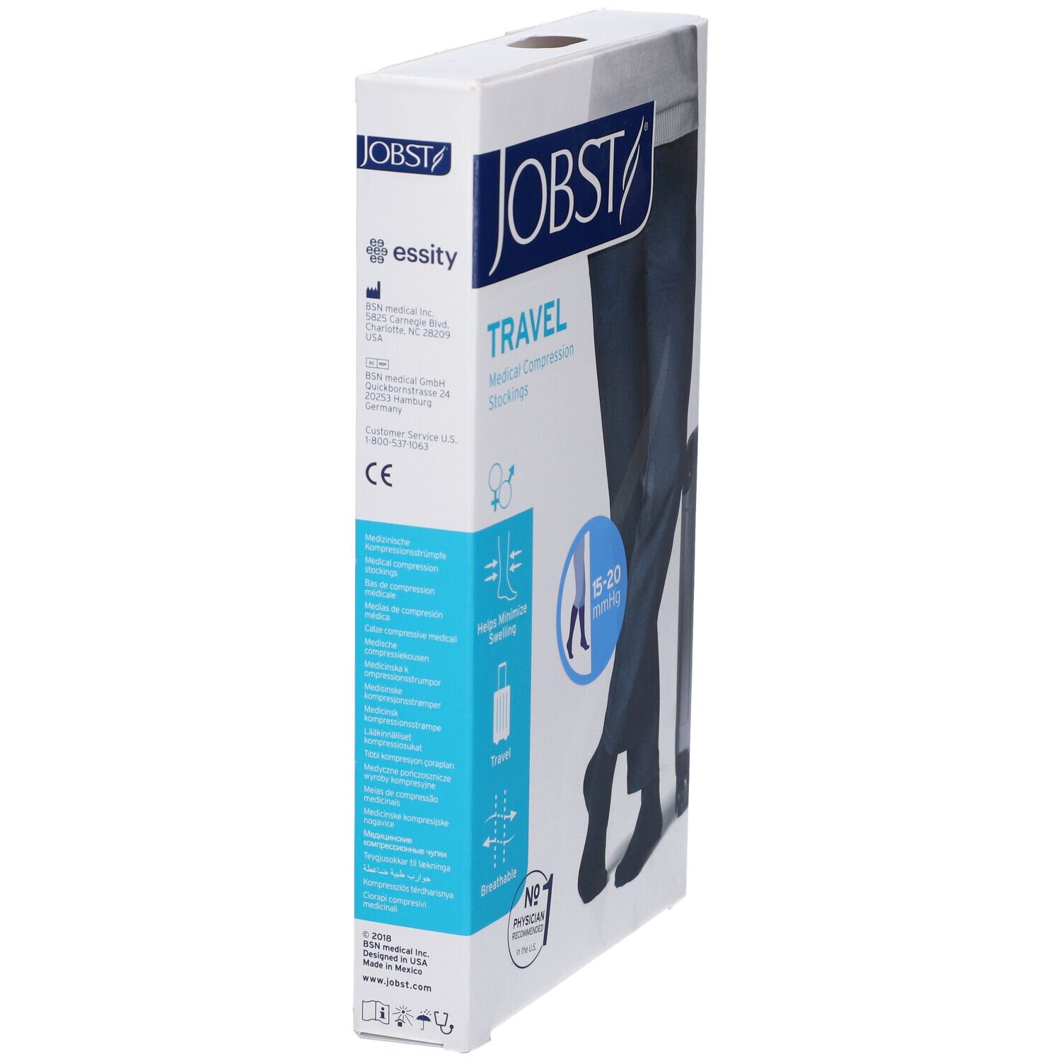 Confezione di calze a compressione JOBST TRAVEL. Scritto: calze a compressione medicali, 15-20 mmHg, aiuta a ridurre il gonfiore.