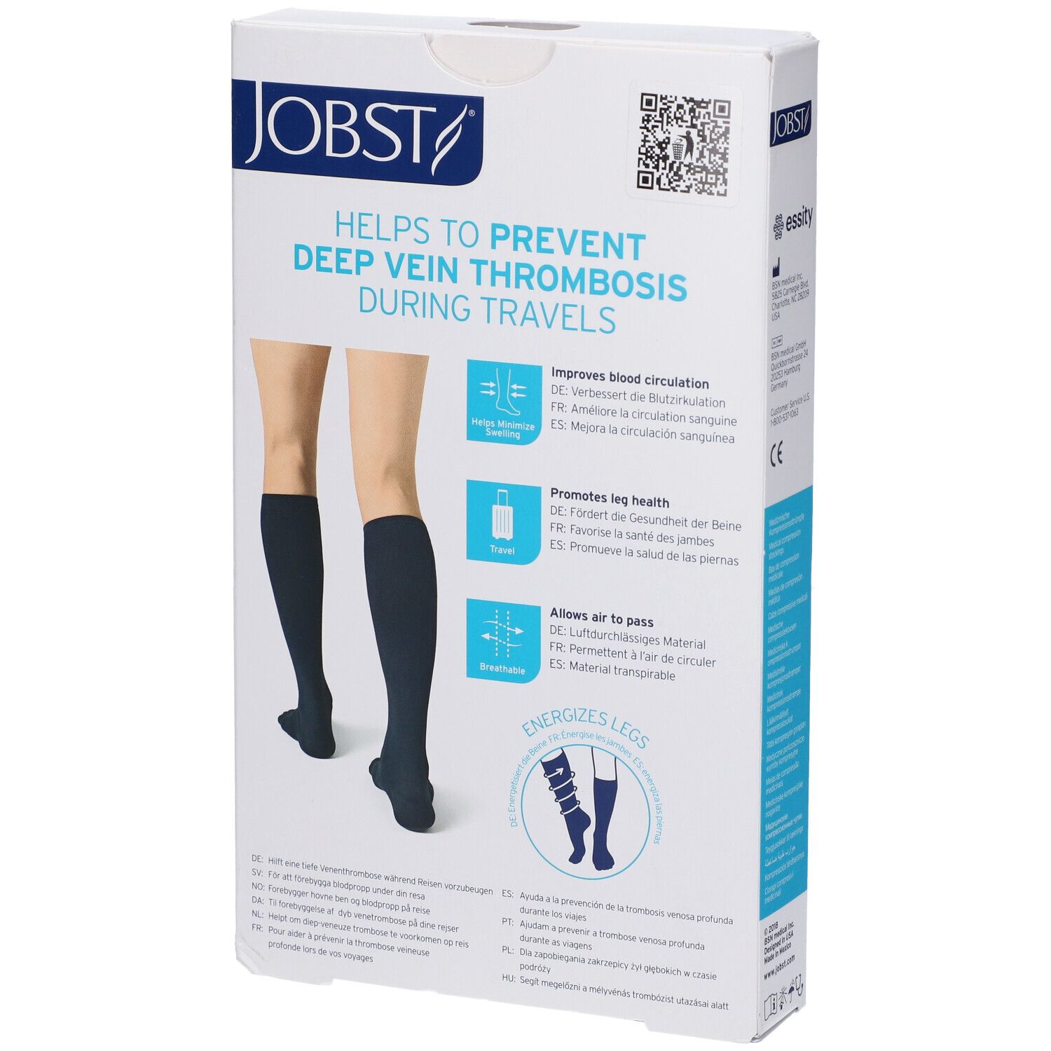 Confezione di calze a compressione JOBST TRAVEL. Scritto: calze a compressione medicali, aiuta a prevenire la trombosi venosa profonda durante i viaggi.