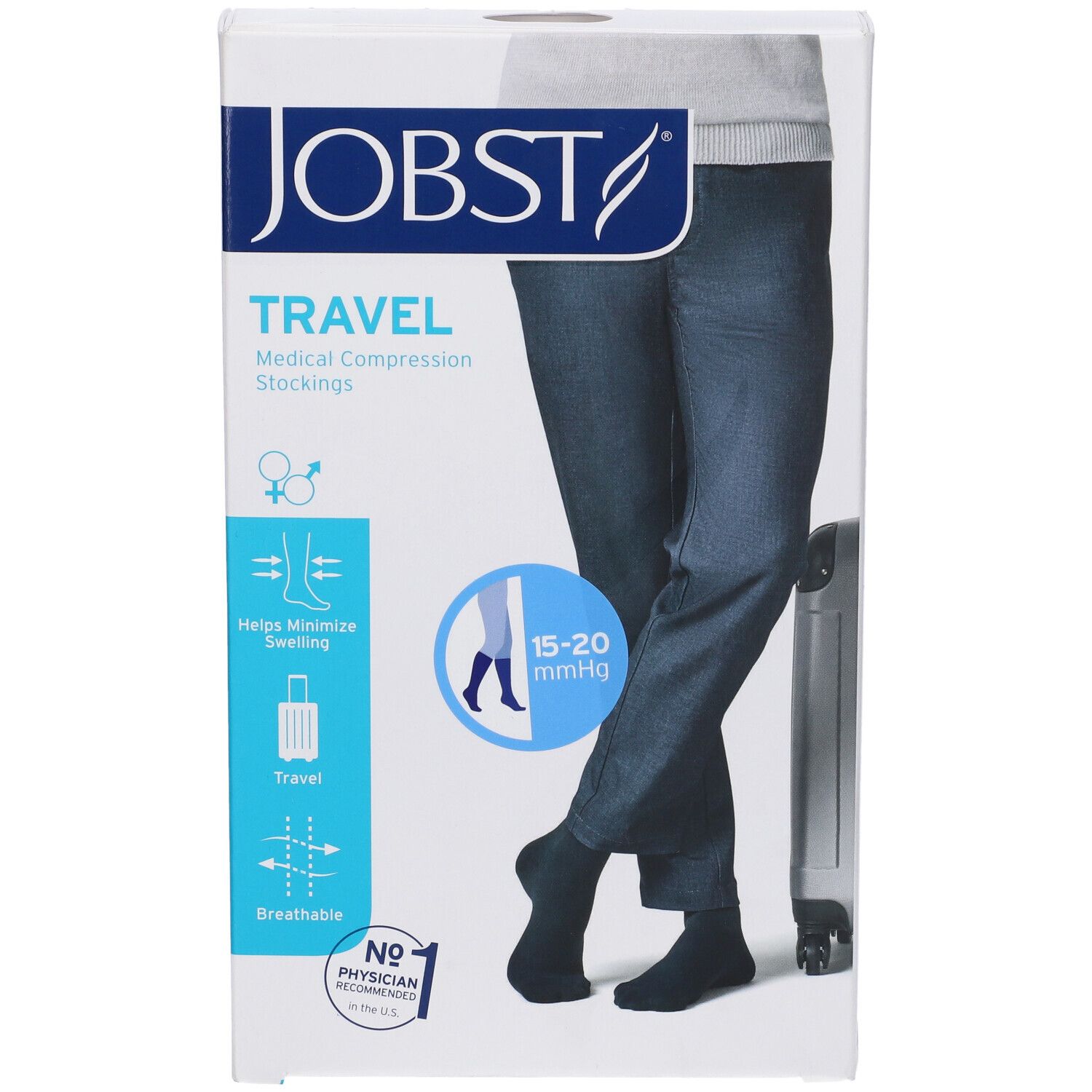 Confezione di calze a compressione JOBST TRAVEL. Scritto: calze a compressione medicali, 15-20 mmHg, aiuta a ridurre il gonfiore, traspirante.