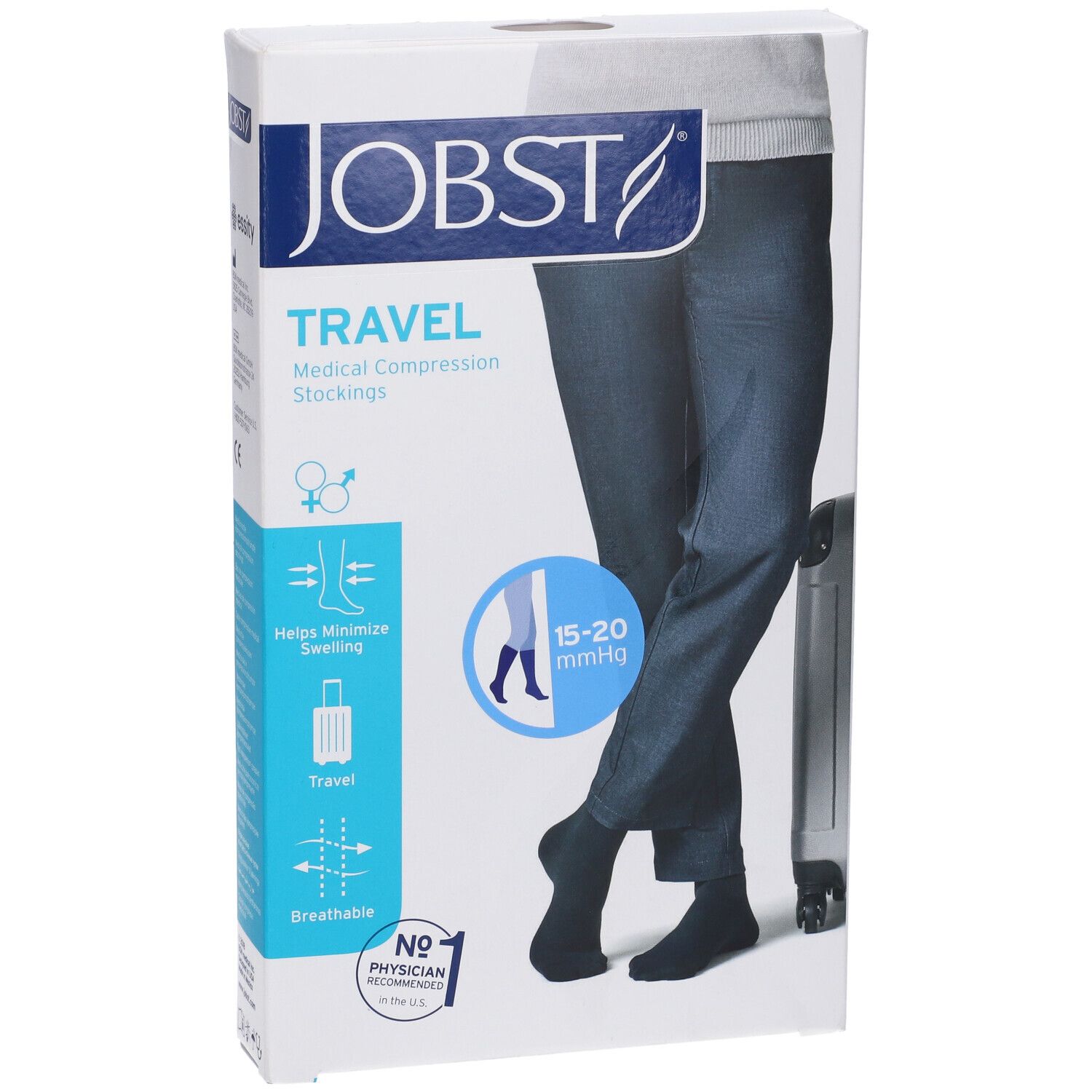Confezione di calze a compressione JOBST TRAVEL. Scritto: calze a compressione medicali, 15-20 mmHg, aiuta a ridurre il gonfiore, traspirante.
