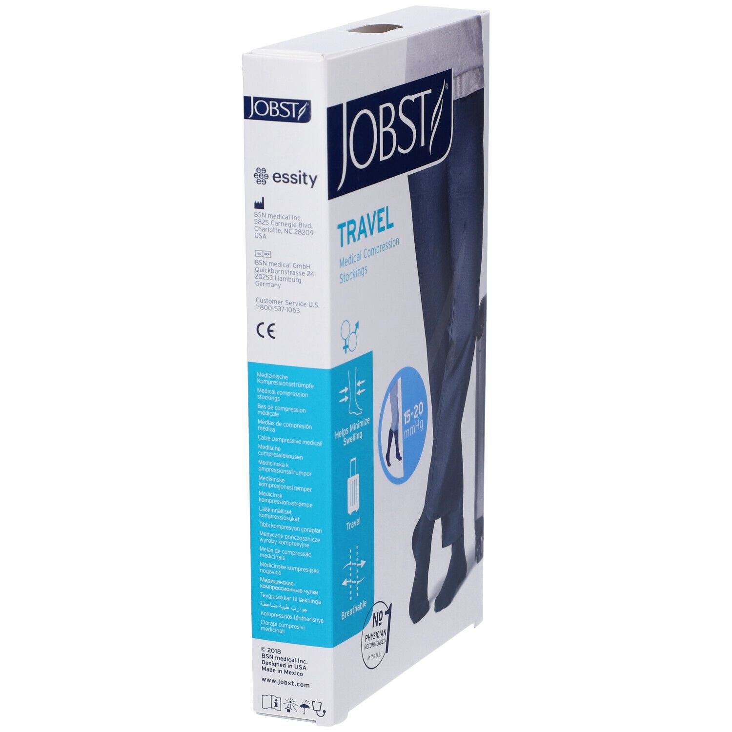 Confezione di calze a compressione medicale JOBST Travel. Dettagli: marchio CE, indirizzo del produttore. 15-20 mmHg.