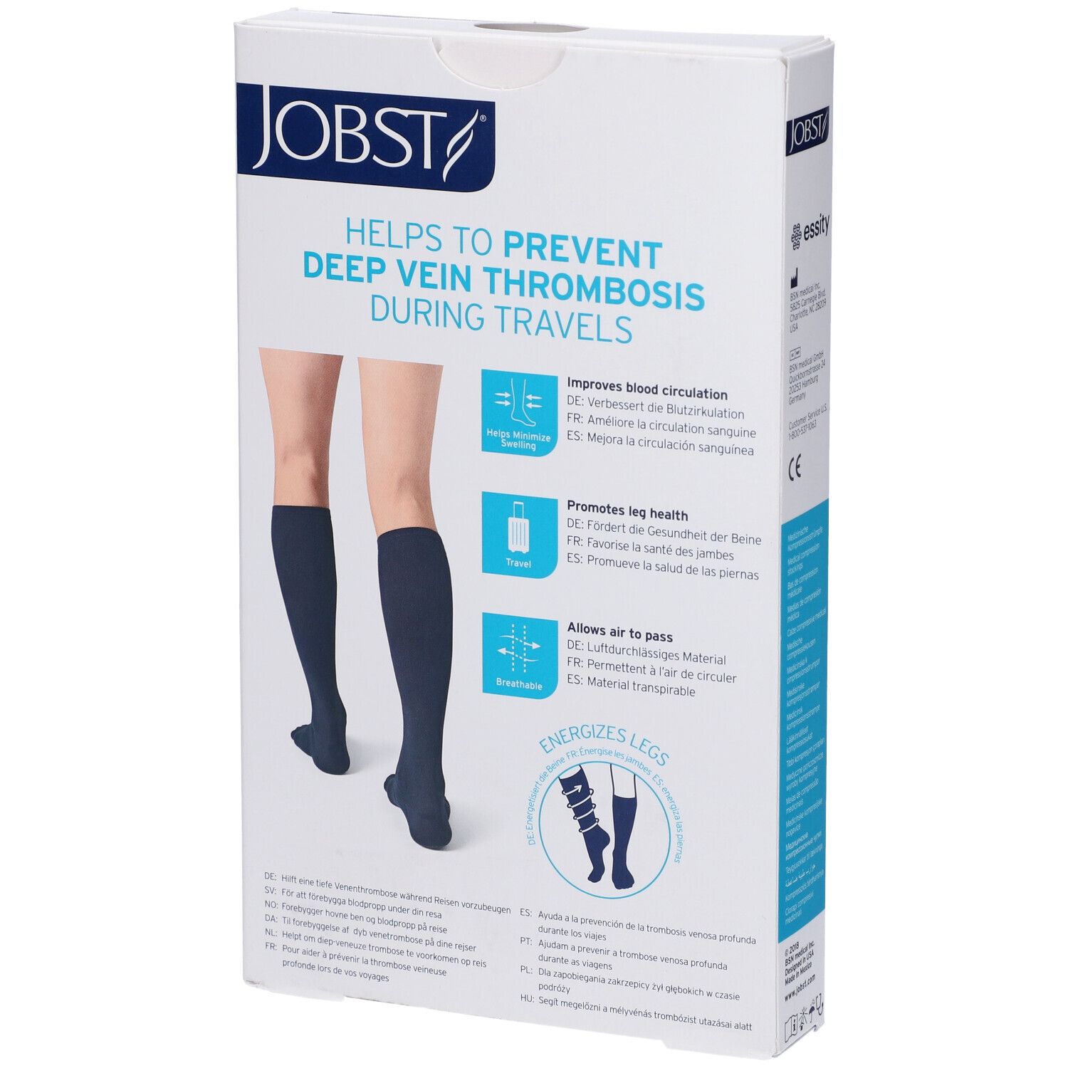 Retro della confezione di calze a compressione medicale JOBST. Aiuta a prevenire la trombosi venosa profonda durante i viaggi.