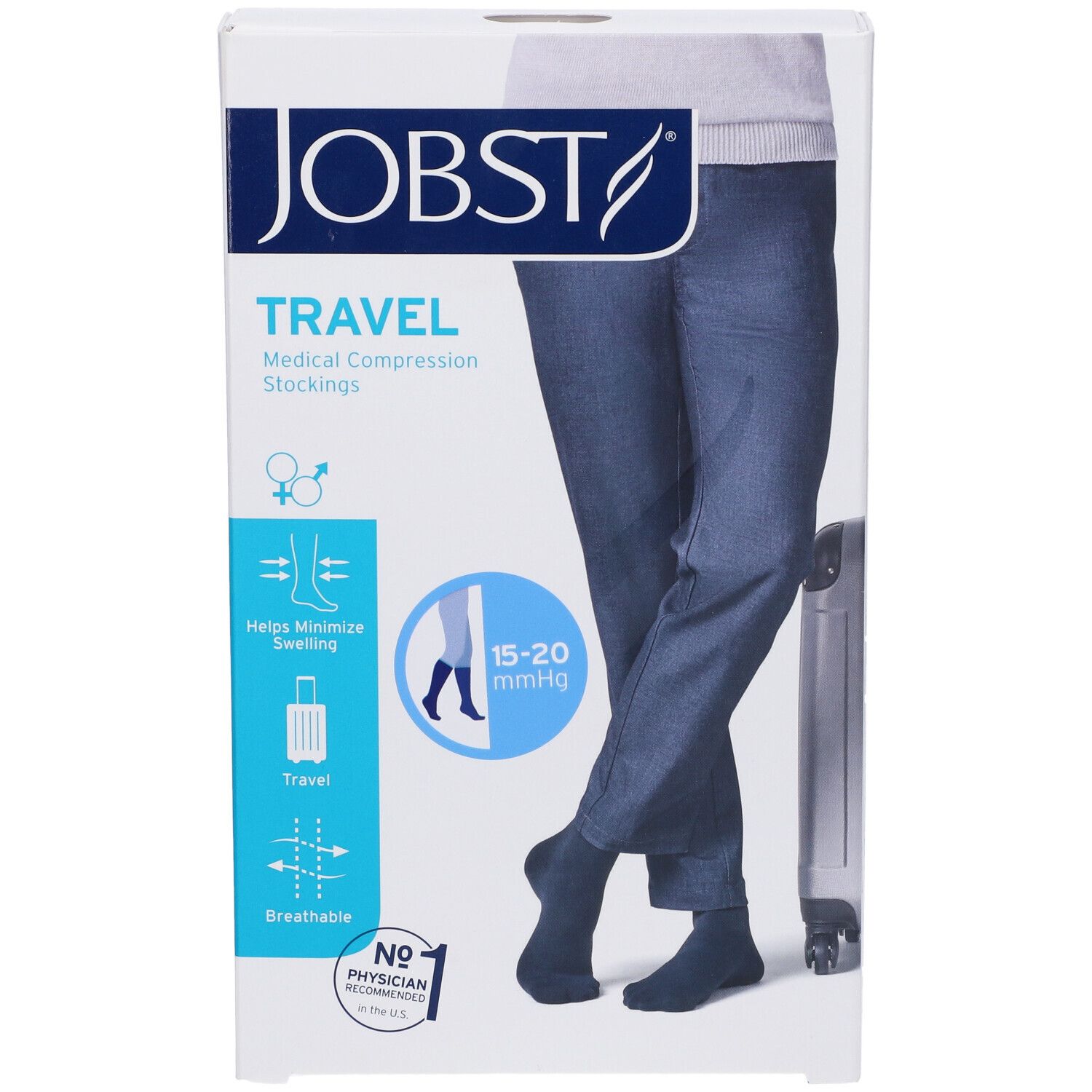 Confezione di calze a compressione medicale JOBST Travel. Immagine di persona con calze. 15-20 mmHg. Aiuta a ridurre il gonfiore.