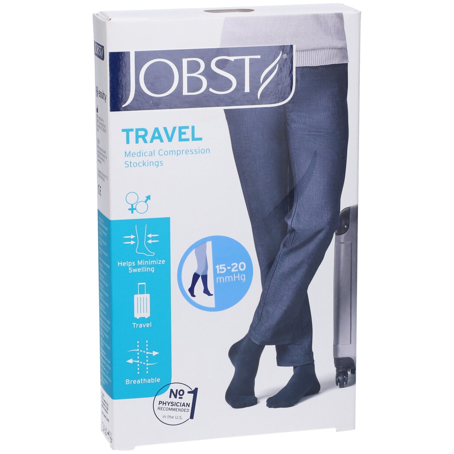 Confezione di calze a compressione medicale JOBST Travel. Immagine di persona con calze. 15-20 mmHg. Aiuta a ridurre il gonfiore.