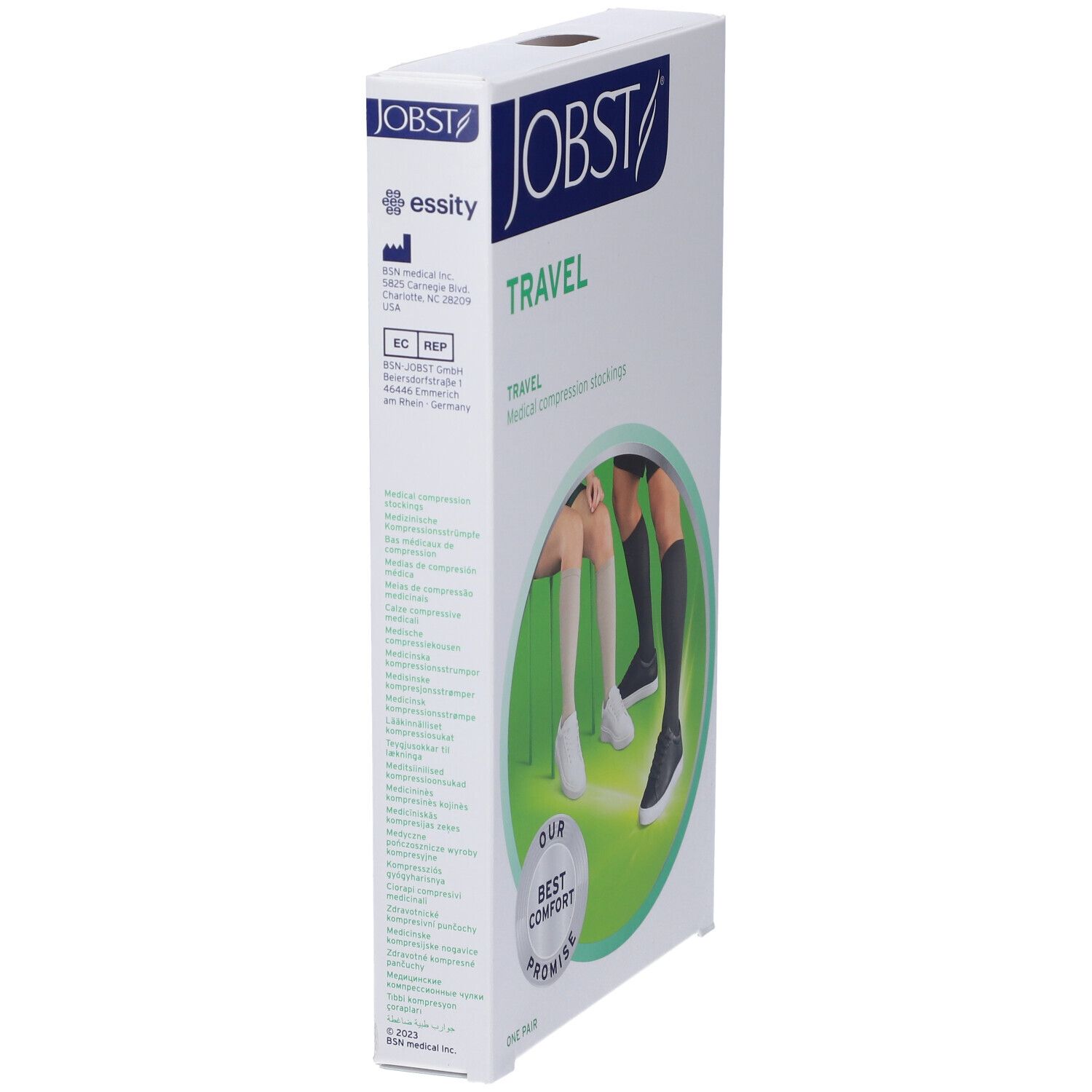 Jobst Travel, calze a compressione medicale, confezione. Scritta: Travel, calze a compressione medicale. Immagine: gambe con calze.