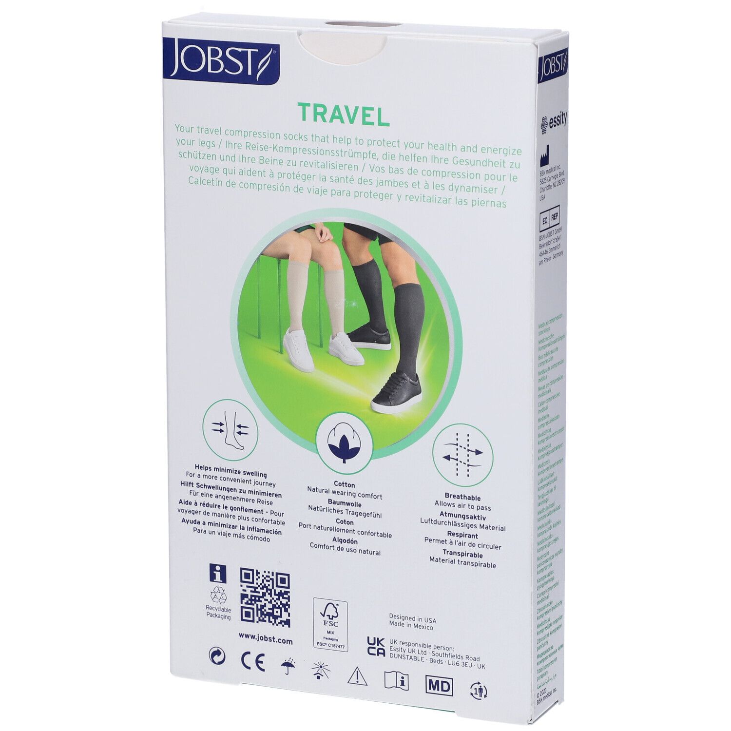 Jobst Travel, calze a compressione medicale, confezione. Scritta: Travel, calze a compressione medicale. Immagine: gambe con calze.