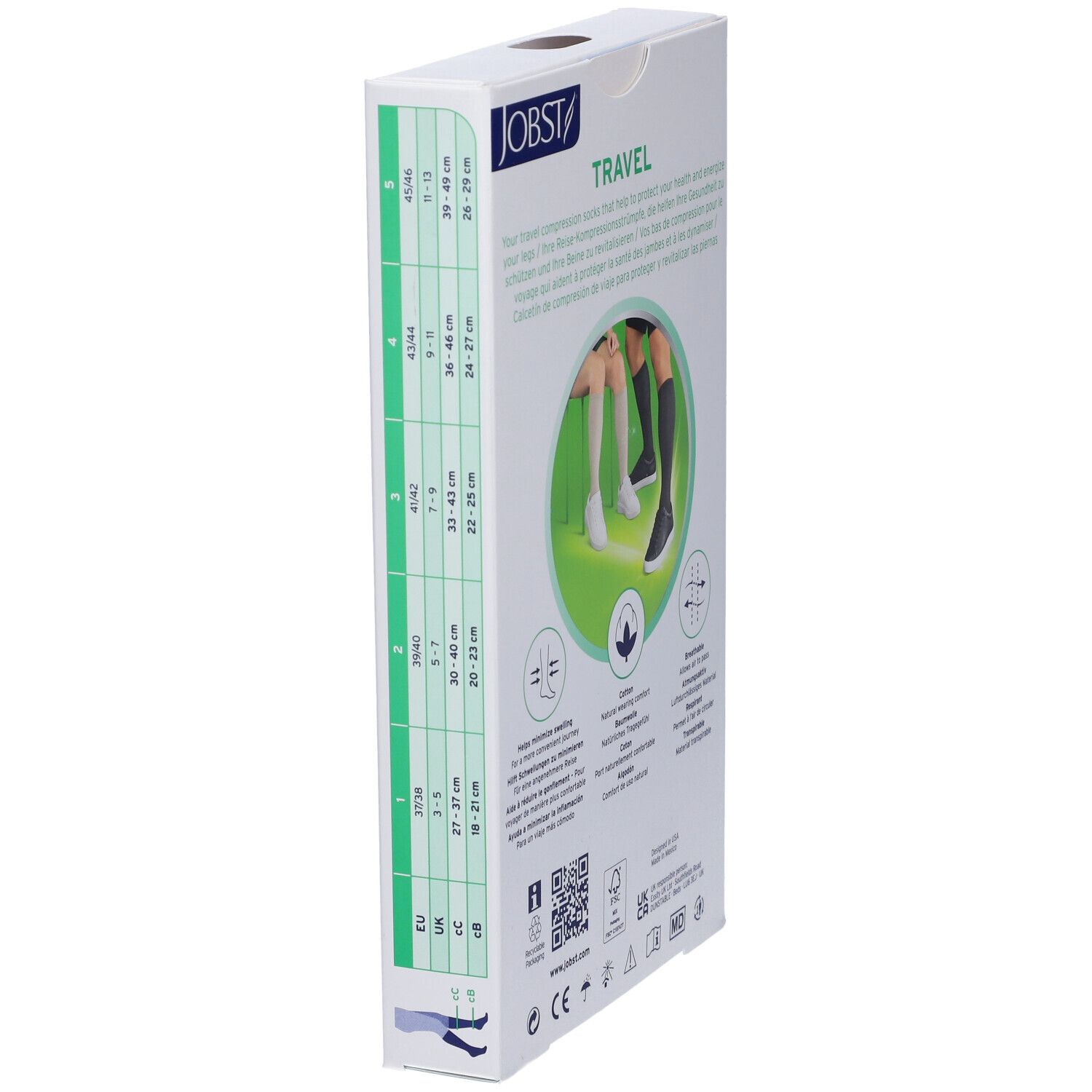 Jobst Travel, calze a compressione medicale, confezione. Scritta: Travel, calze a compressione medicale. Immagine: gambe con calze.