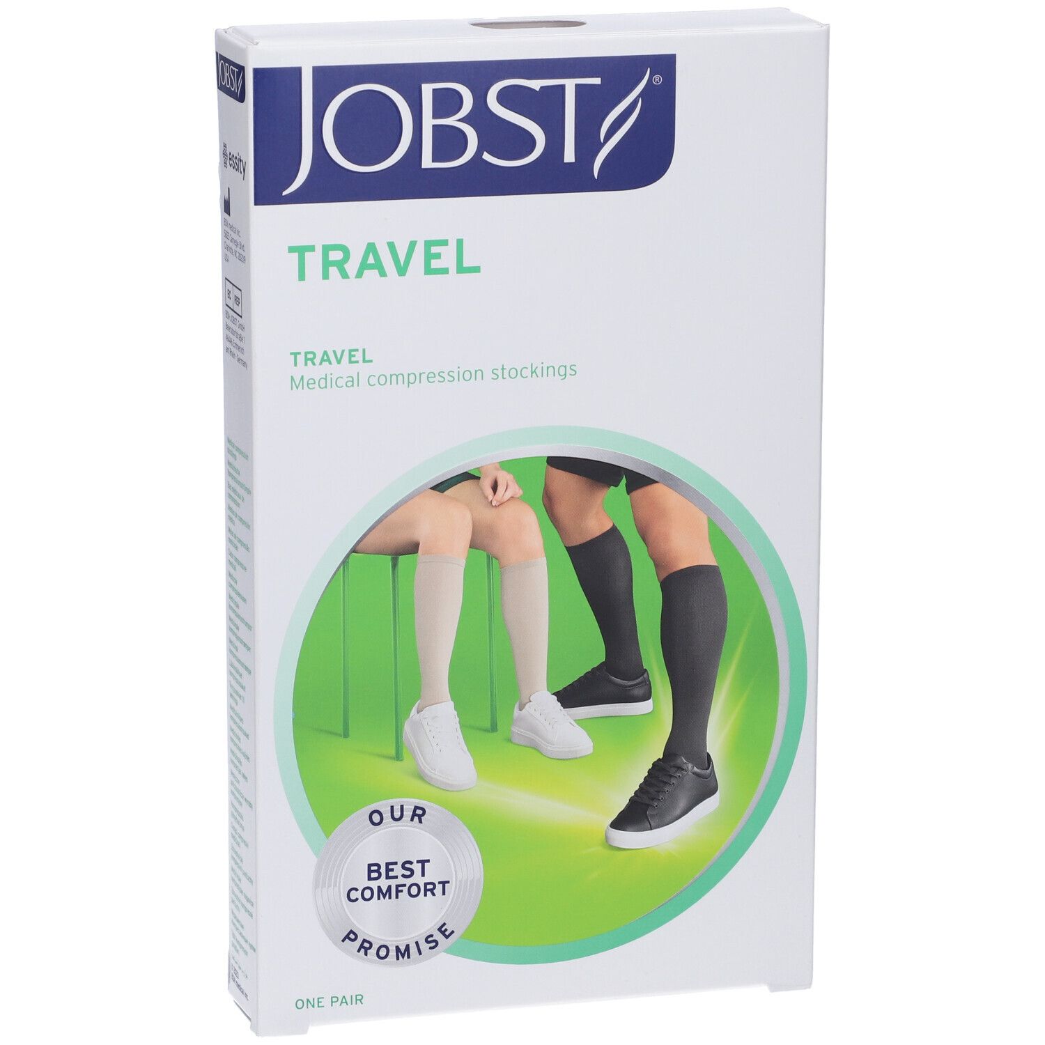 Jobst Travel, calze a compressione medicale, confezione. Scritta: Travel, calze a compressione medicale. Immagine: gambe con calze.