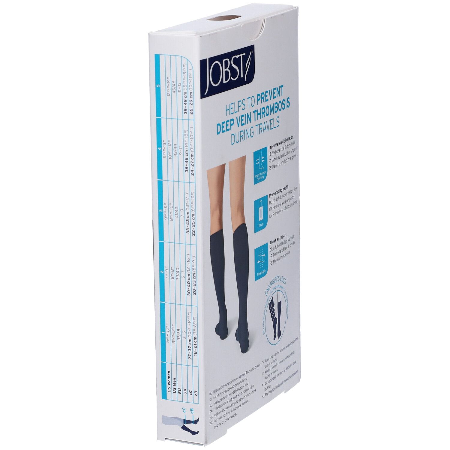 Confezione JOBST. Aiuta a prevenire la trombosi venosa profonda durante i viaggi. Informazioni sulle taglie. Dispositivo medico.