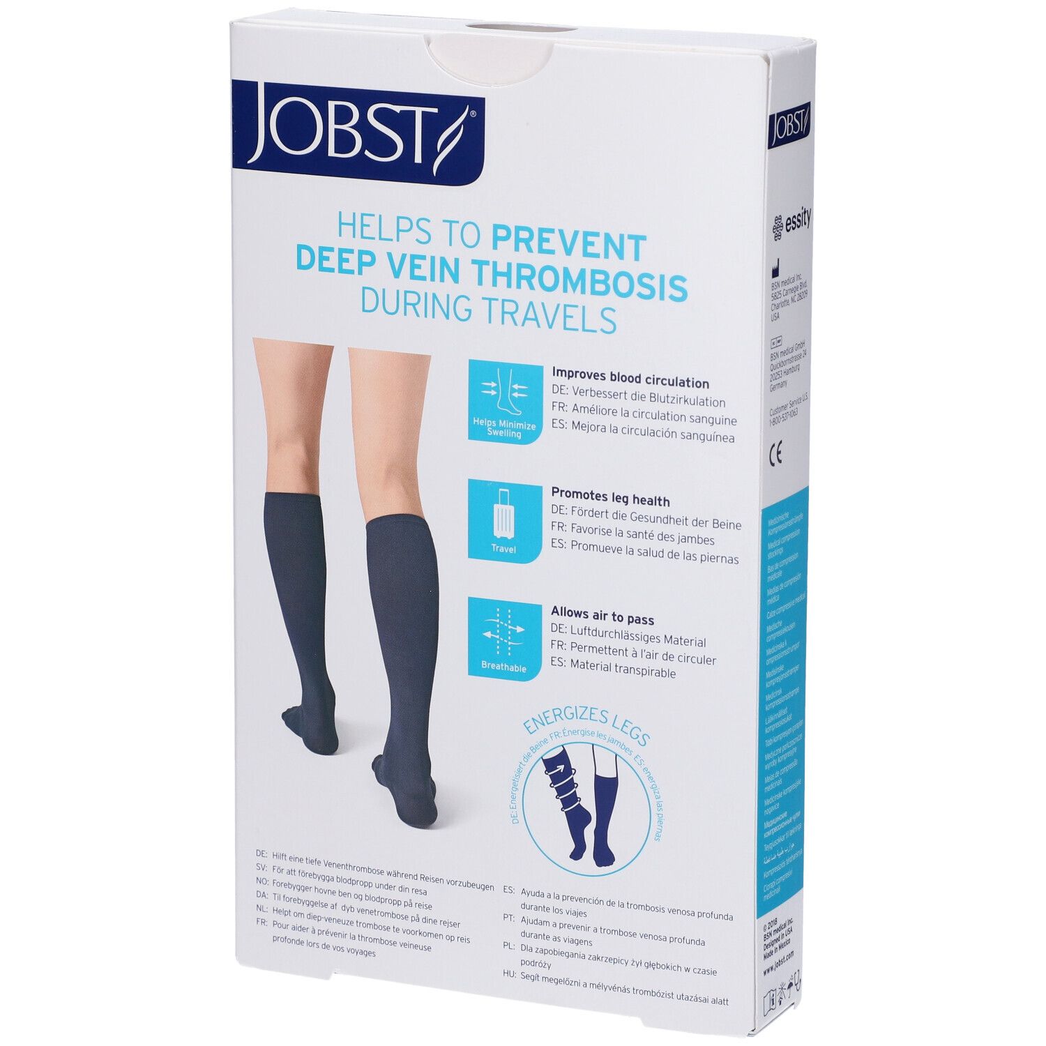 Retro della confezione di calze a compressione JOBST Travel. Aiuta a prevenire la trombosi venosa profonda durante i viaggi.
