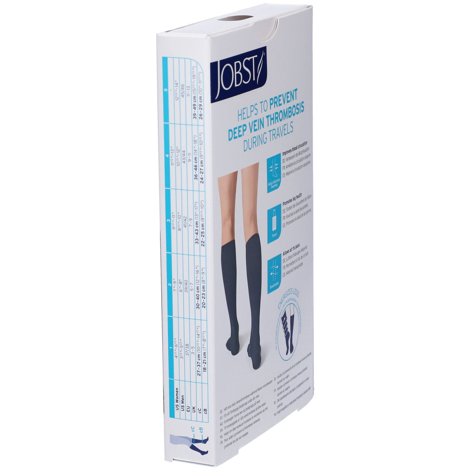 Confezione di calze a compressione JOBST Travel. Informazioni sulle taglie e illustrazioni. Aiuta a prevenire la trombosi venosa profonda.