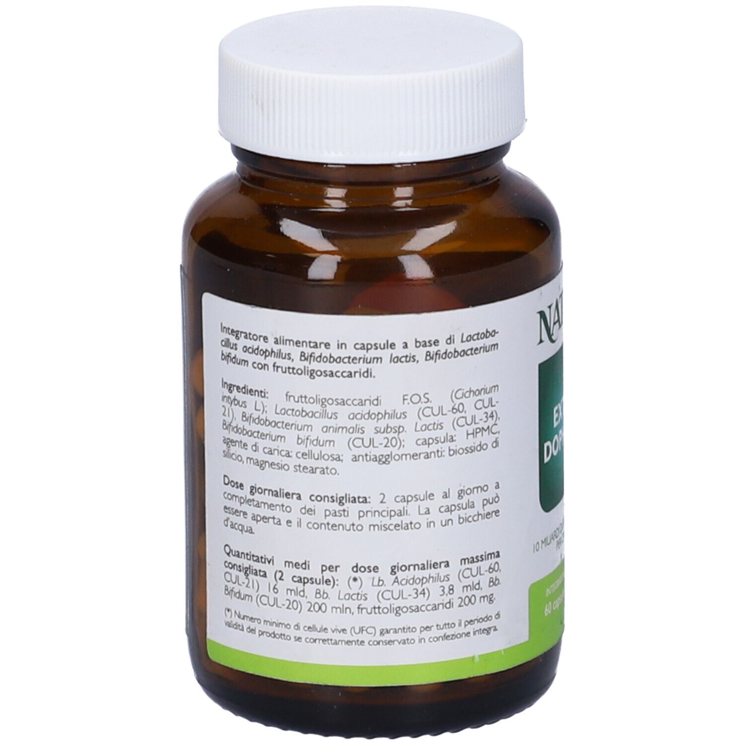 Retro di un flacone di vetro marrone con tappo bianco. Etichetta con ingredienti e dosaggio.