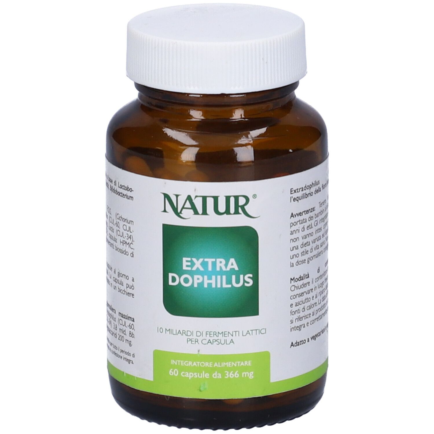 Flacone di vetro marrone con tappo bianco. Etichetta con "NATUR" e "EXTRA DOPHILUS".