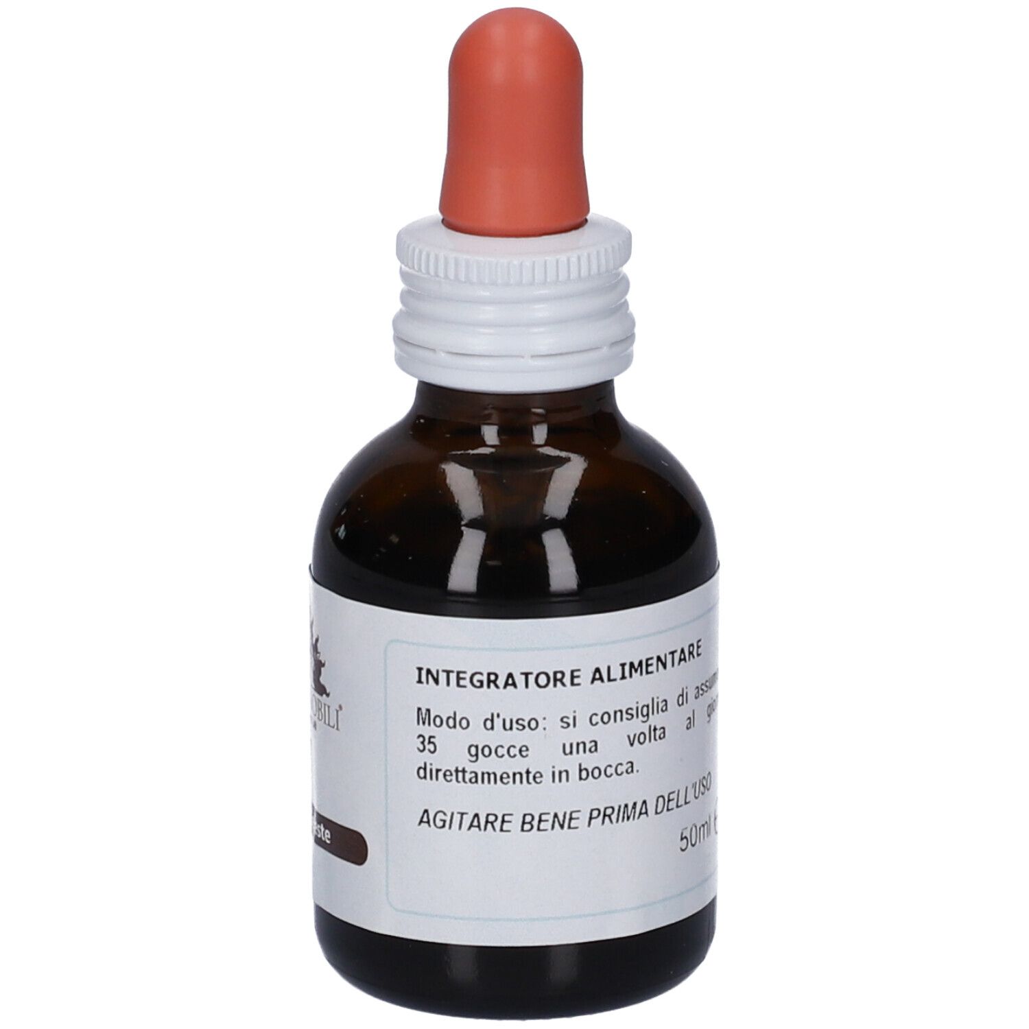 Flacone in vetro ambrato con contagocce, etichetta con scritte in italiano e indicazione "50ml".