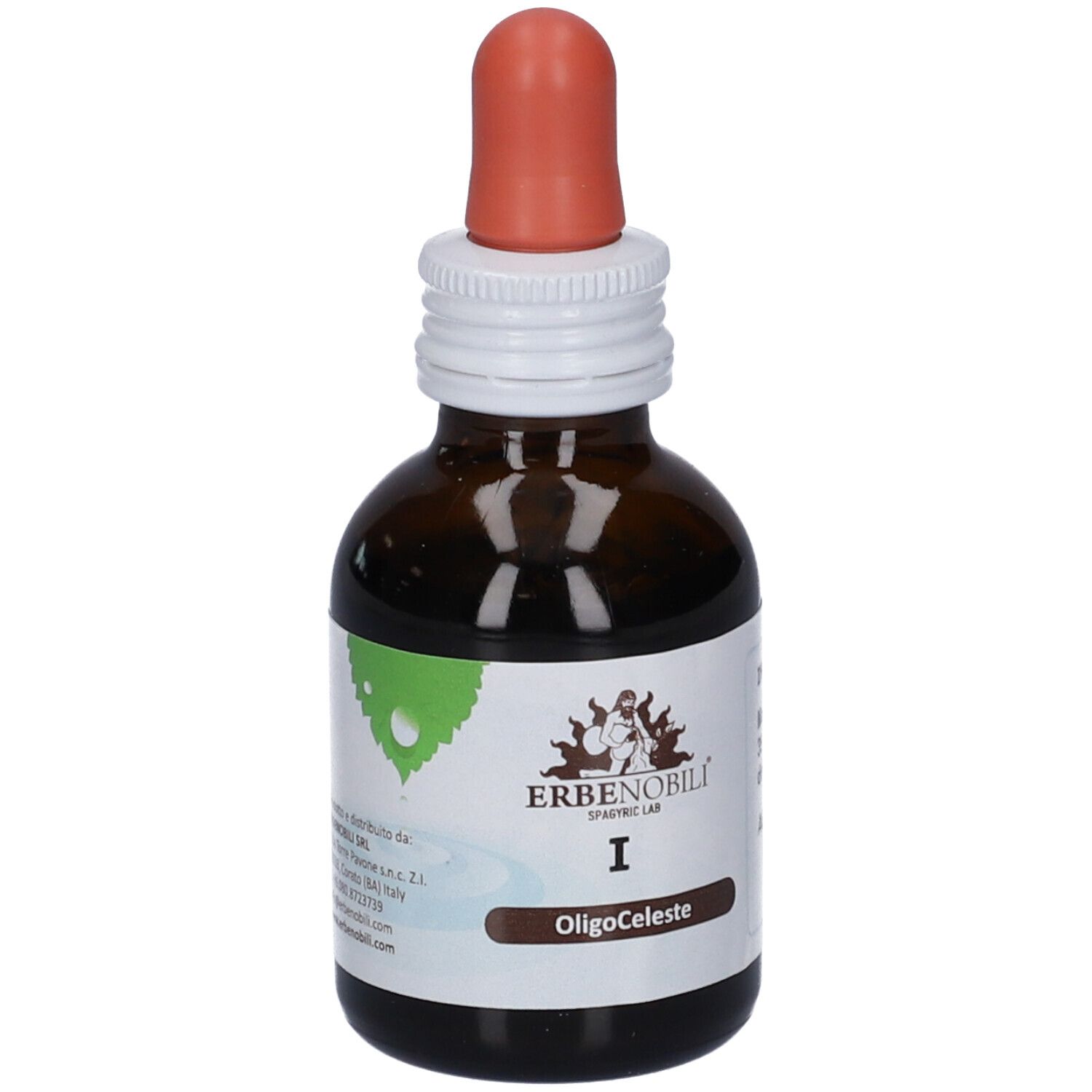 Flacone in vetro marrone con contagocce, etichetta 'ERBENOBILI OligoCeleste I'.