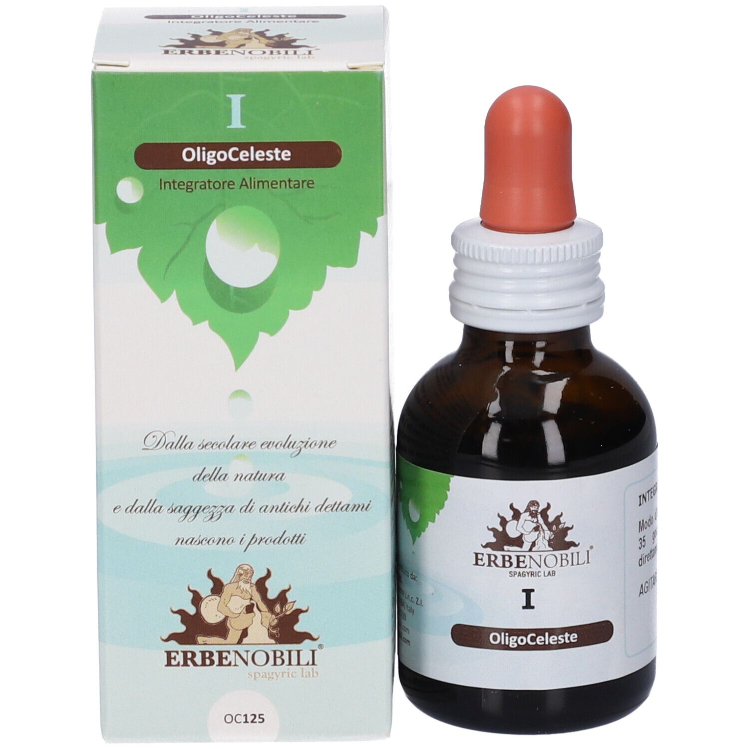 Flacone in vetro marrone con contagocce e scatola per OligoCeleste, integratore alimentare.