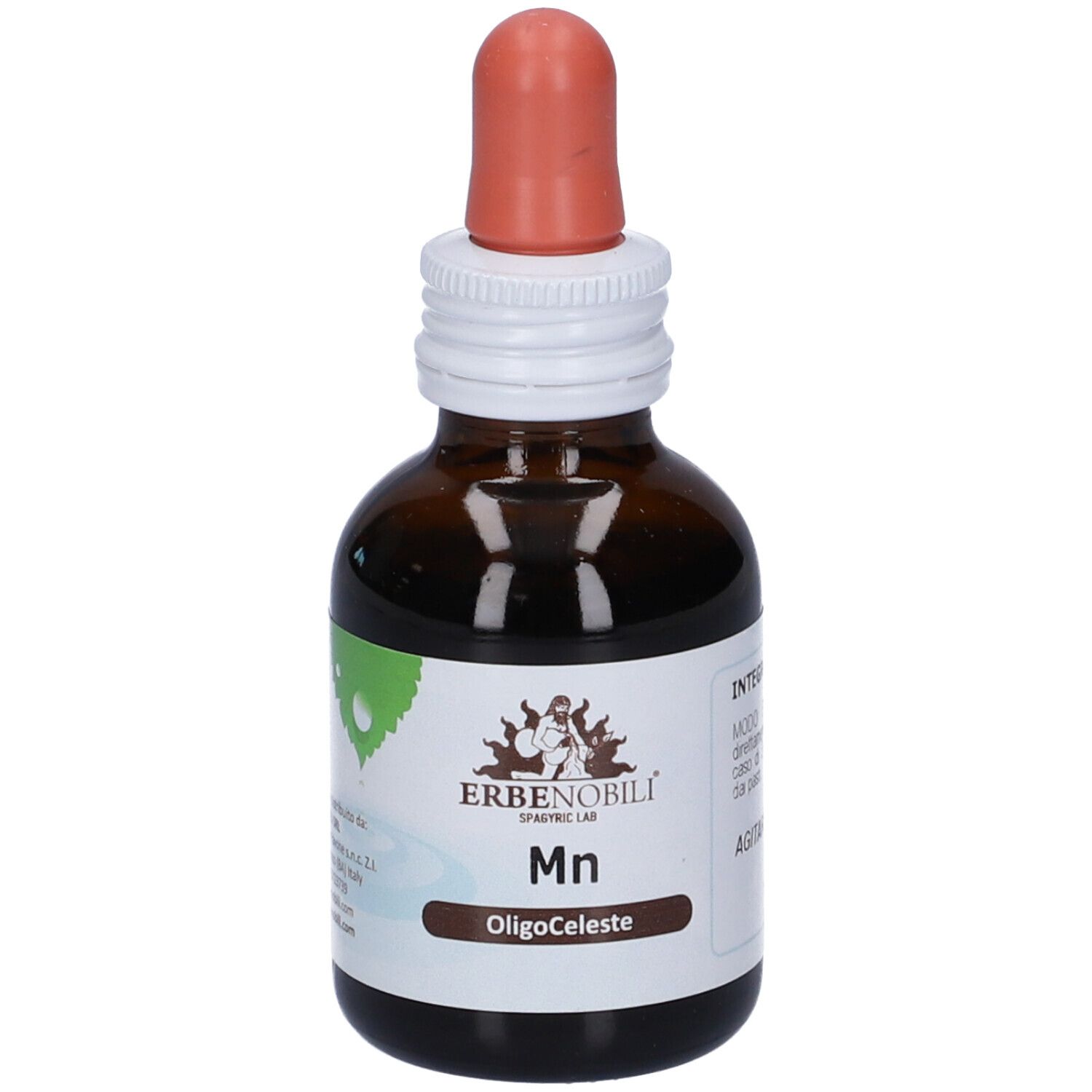 Flacone di vetro marrone con contagocce. Etichetta con nome del prodotto e logo. Contagocce arancione.