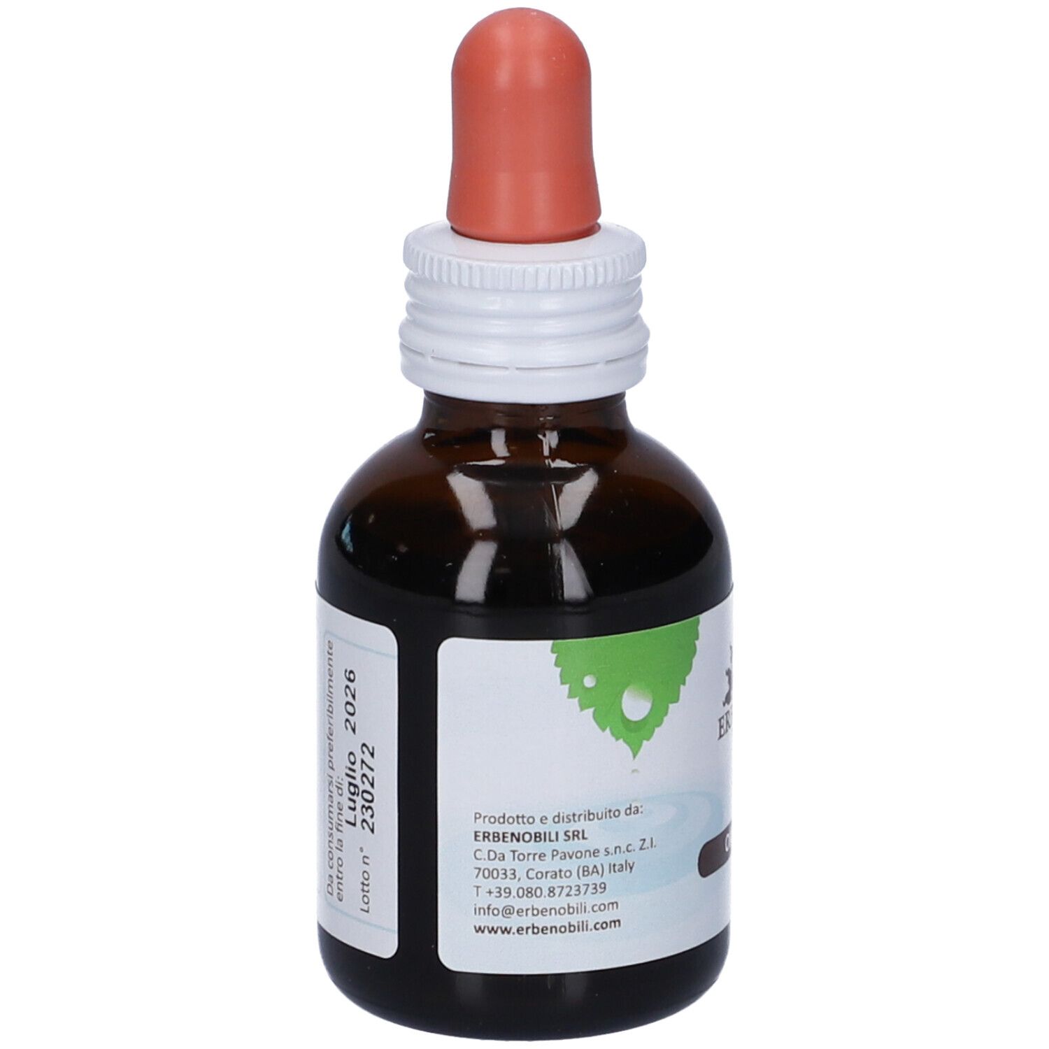 Flacone di vetro marrone con contagocce. Etichetta con informazioni sul prodotto e logo. Contagocce arancione.