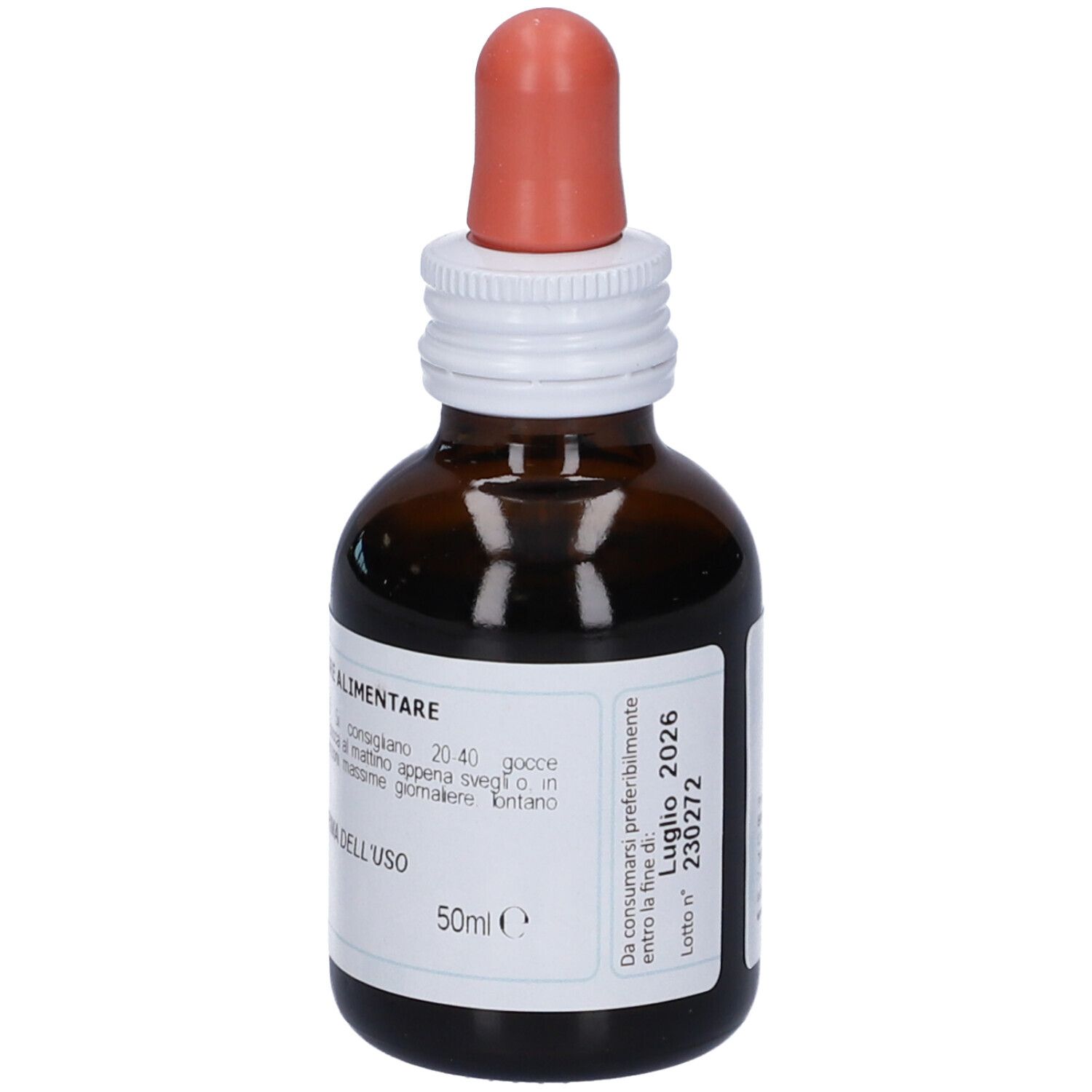 Flacone di vetro marrone con contagocce. Etichetta con informazioni sul prodotto e logo. Contagocce arancione.