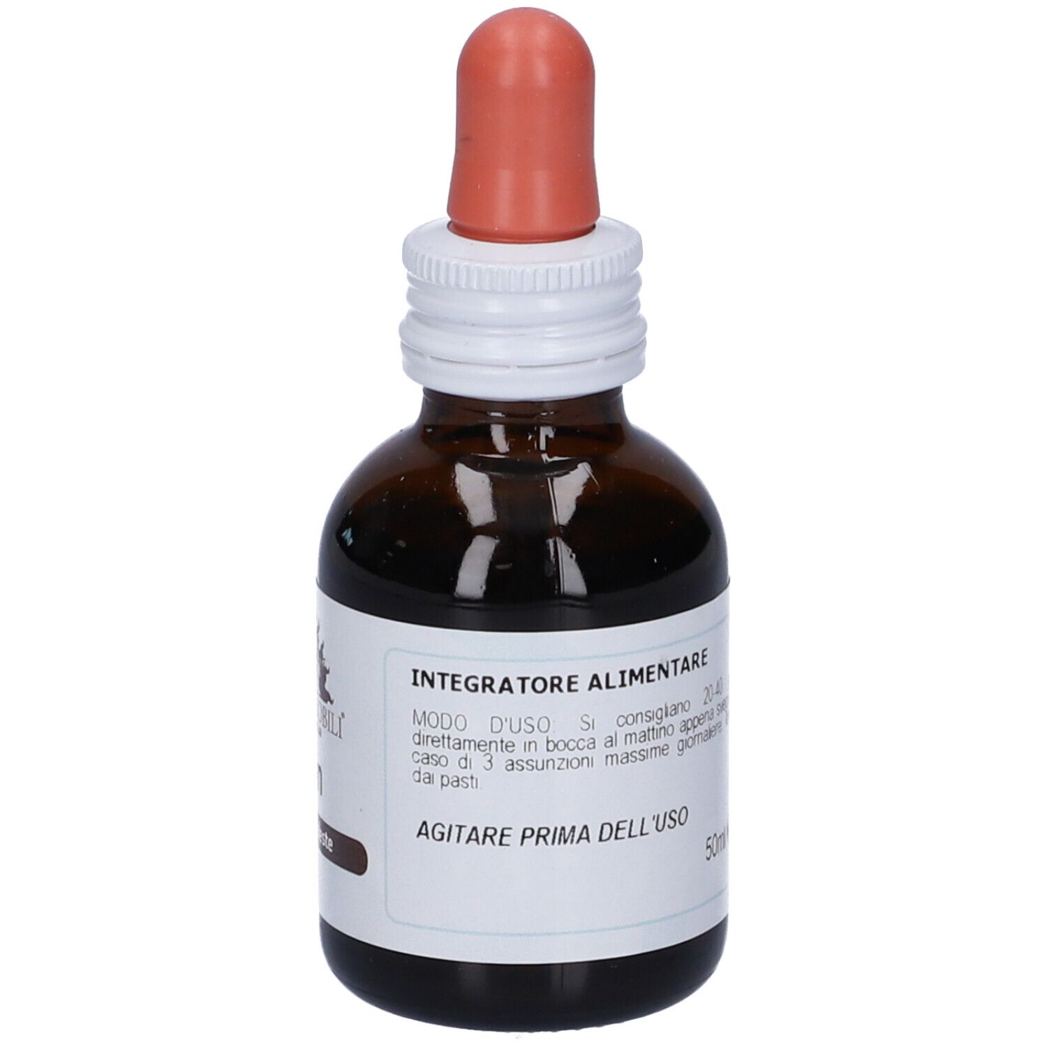 Flacone di vetro marrone con contagocce. Etichetta con informazioni sul prodotto e logo. Contagocce arancione.