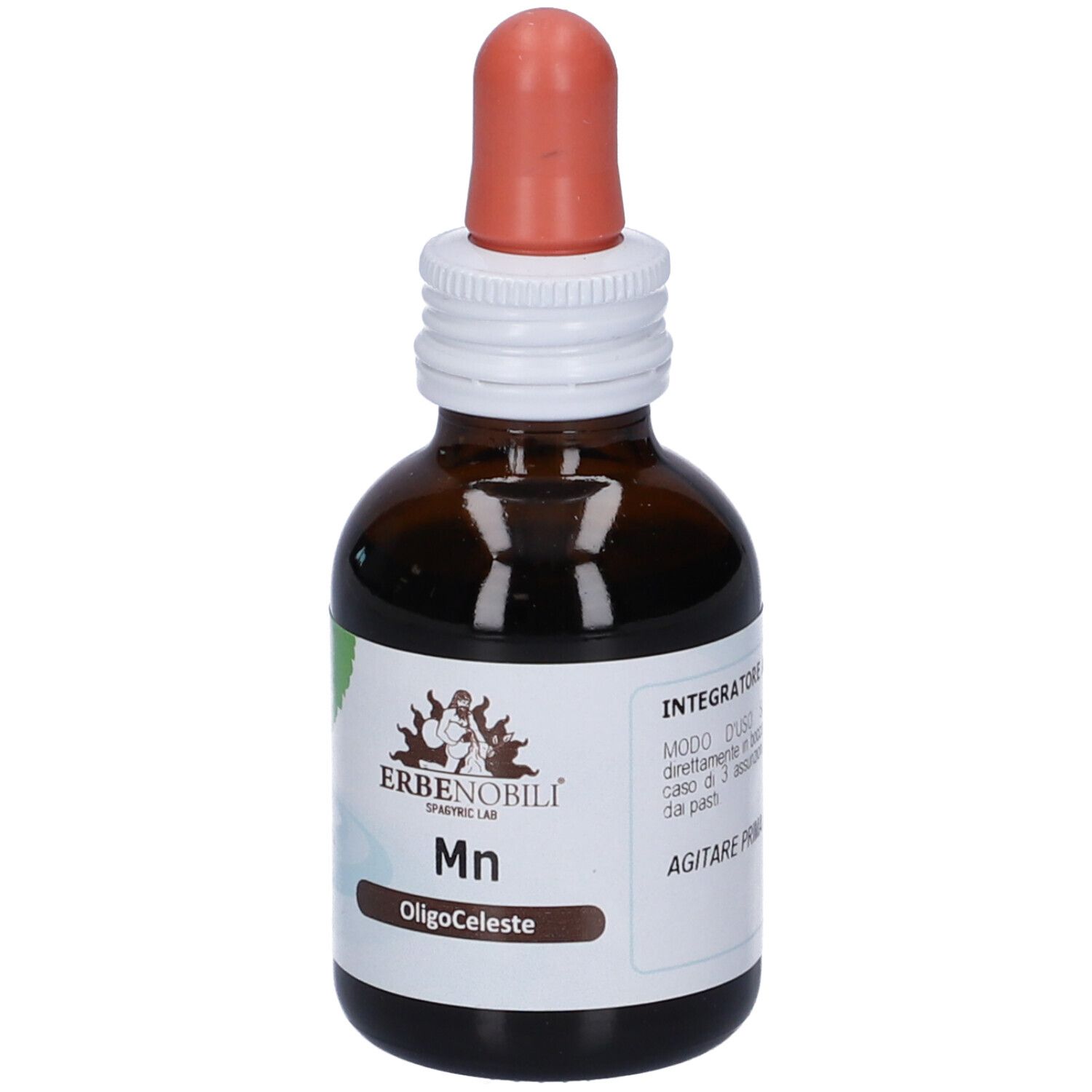 Flacone di vetro marrone con contagocce. Etichetta con informazioni sul prodotto e logo. Contagocce arancione.