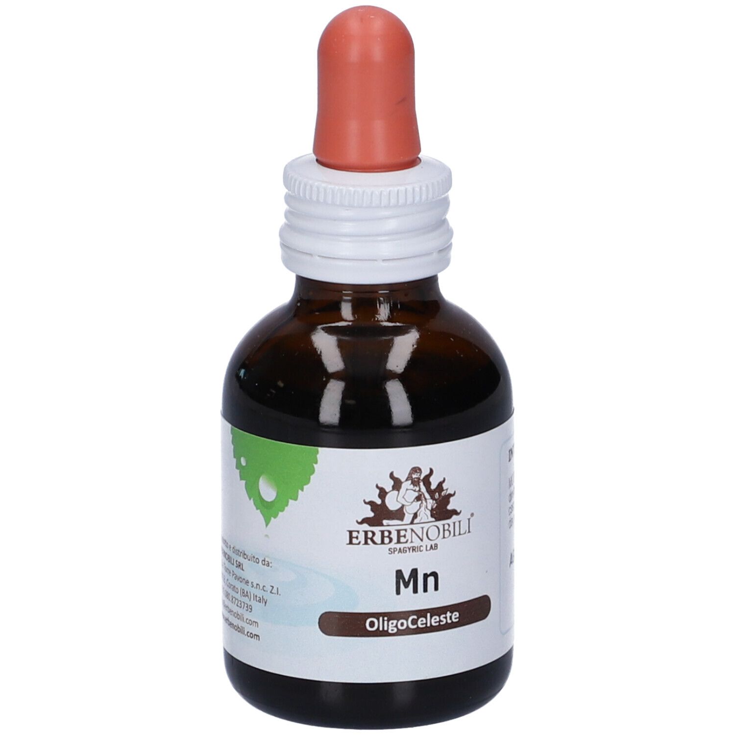 Flacone di vetro marrone con contagocce. Etichetta con informazioni sul prodotto e logo. Contagocce arancione.