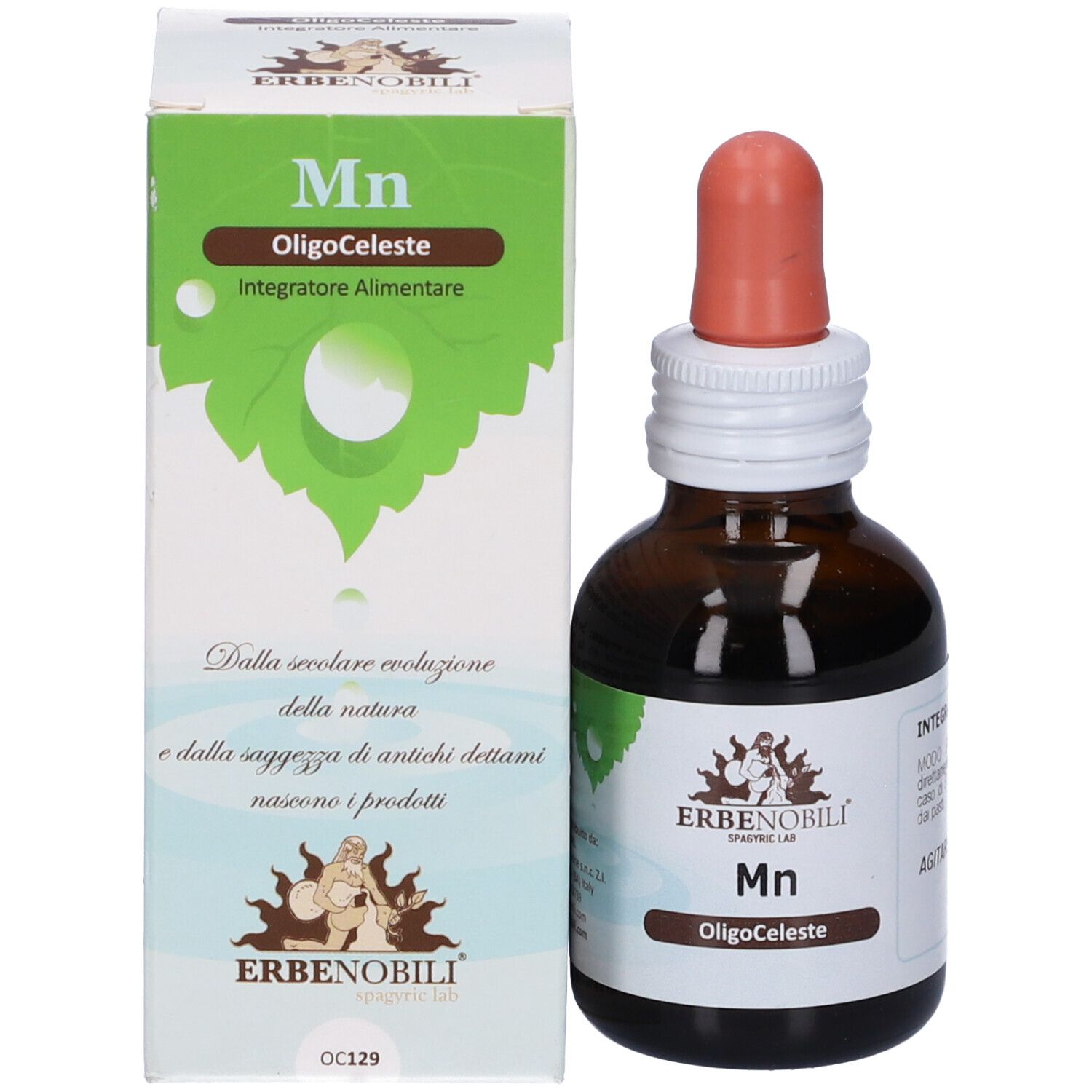 Flacone di vetro marrone con contagocce e confezione in cartone. Nome del prodotto e logo visibili. Contagocce arancione.