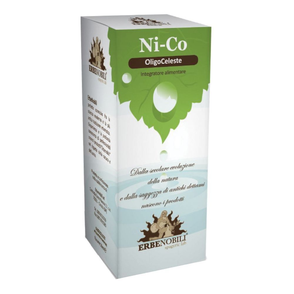 Scatola bianca con nome prodotto Ni-Co OligoCeleste. Logo Erbenobili. Forma di foglia verde.
