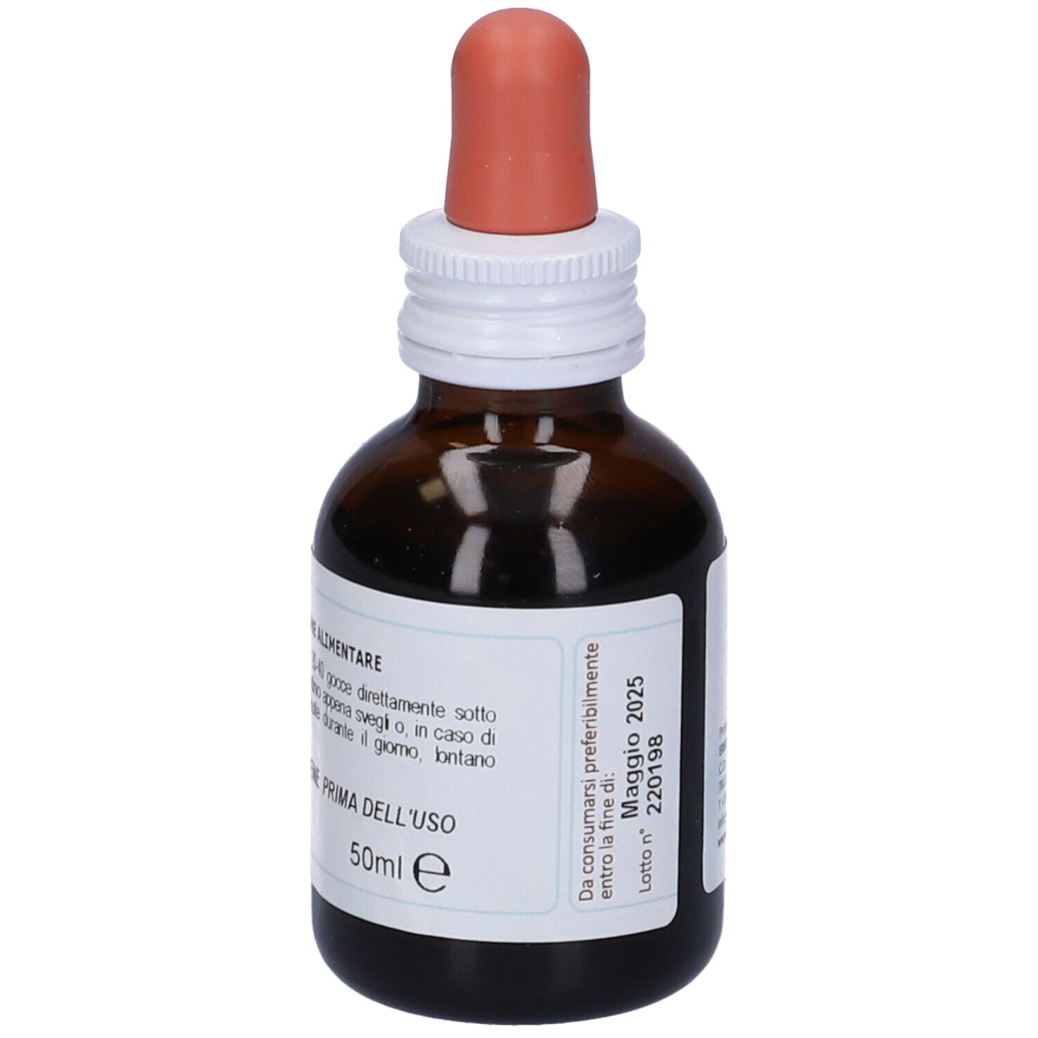 Flacone di vetro marrone con contagocce. Etichetta con informazioni sul prodotto. Volume: 50ml.